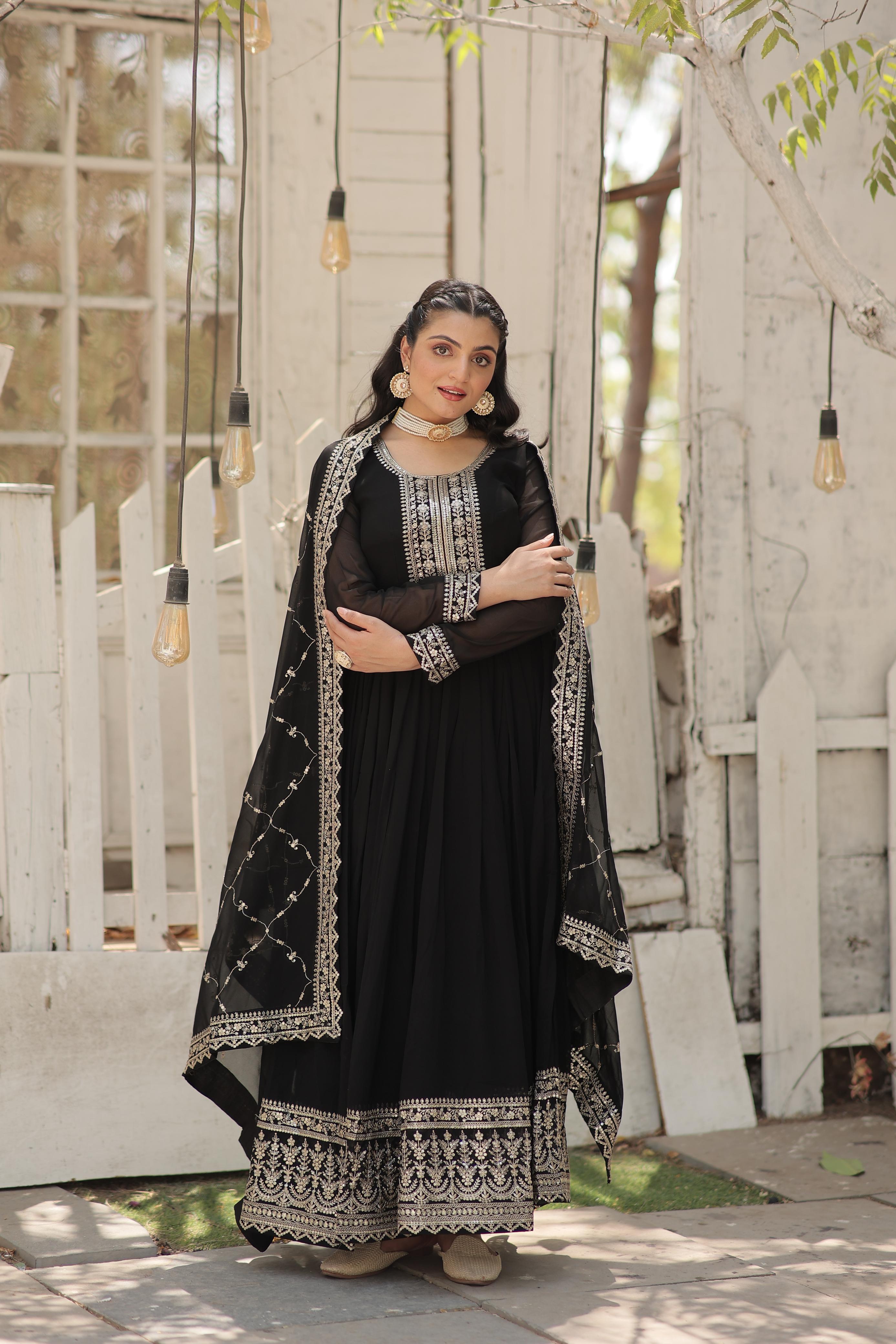 Fantastic Black Color Embroidered Work Gown