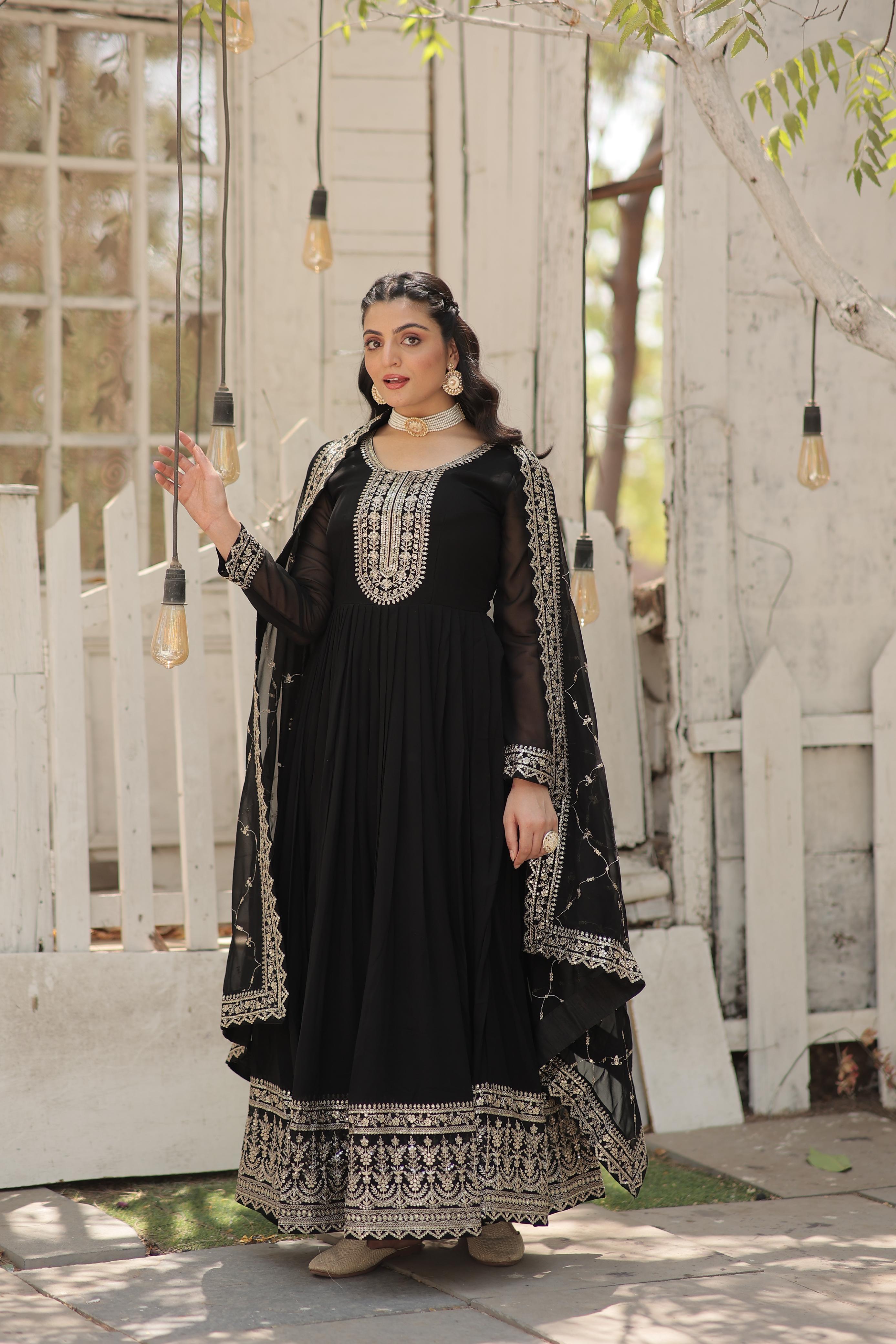 Fantastic Black Color Embroidered Work Gown