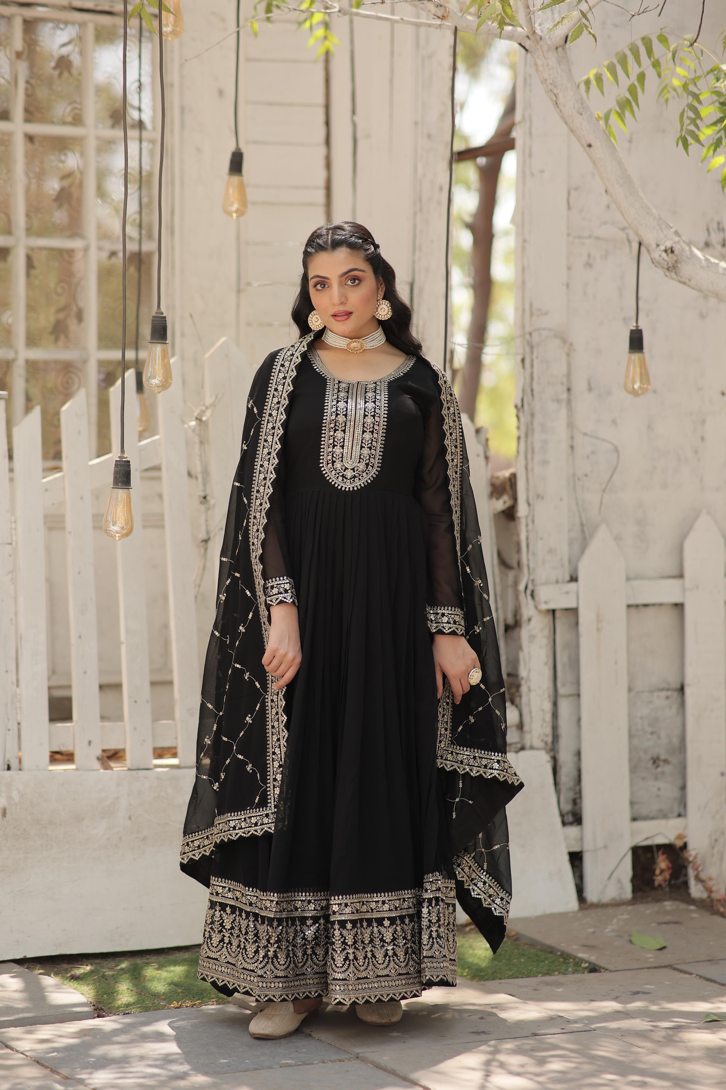 Fantastic Black Color Embroidered Work Gown