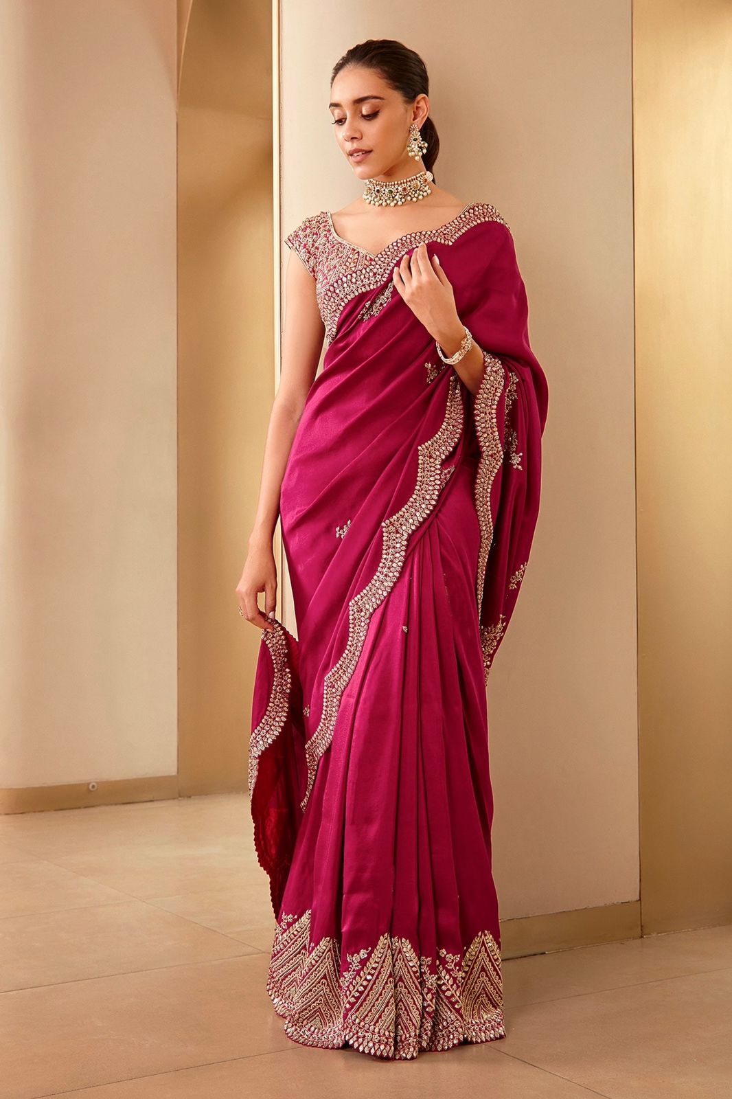 Shining Embroidery Work Red Color Saree