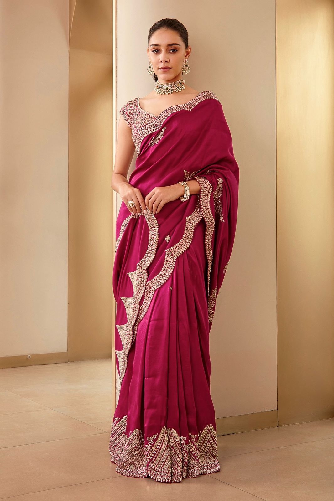 Shining Embroidery Work Red Color Saree