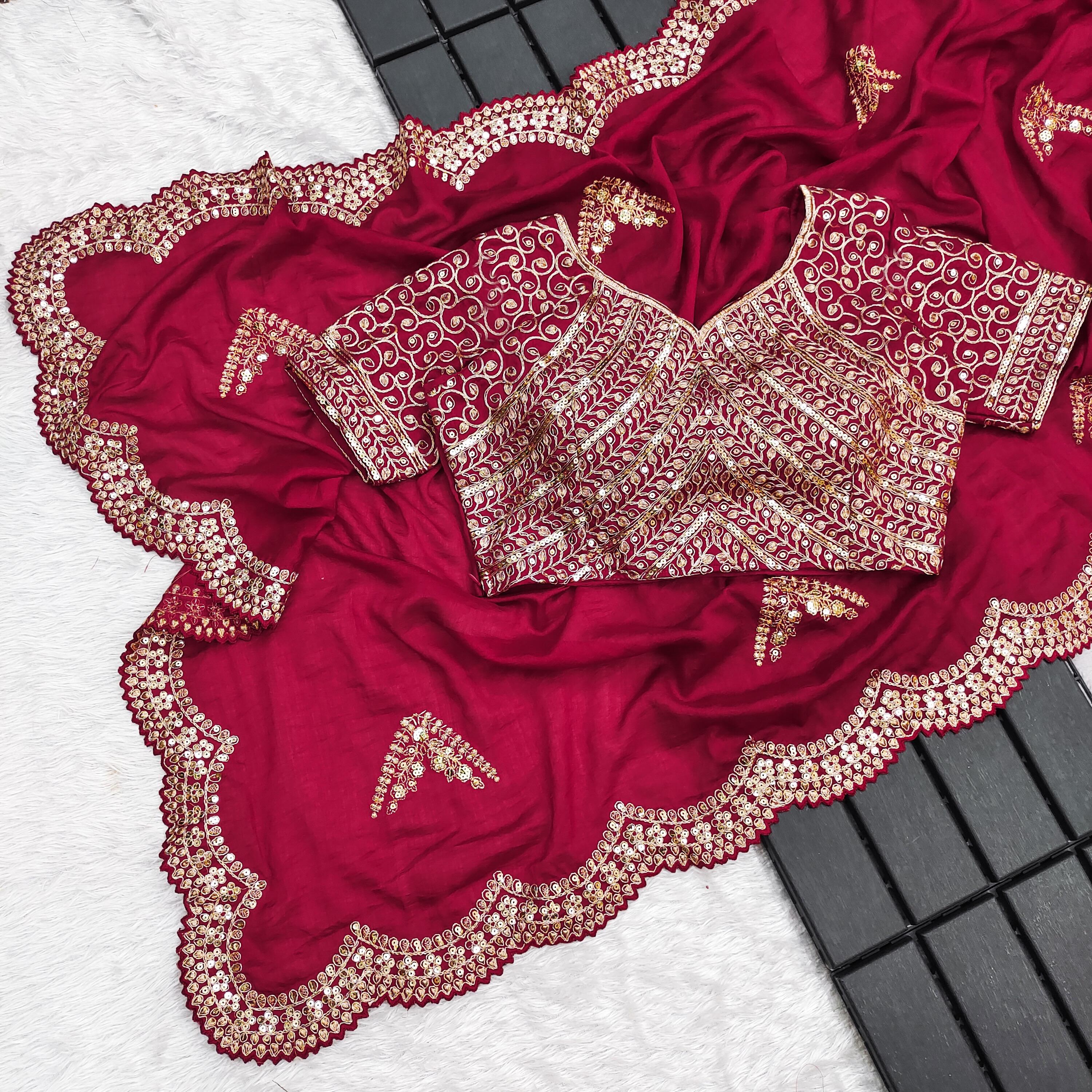 Shining Embroidery Work Red Color Saree