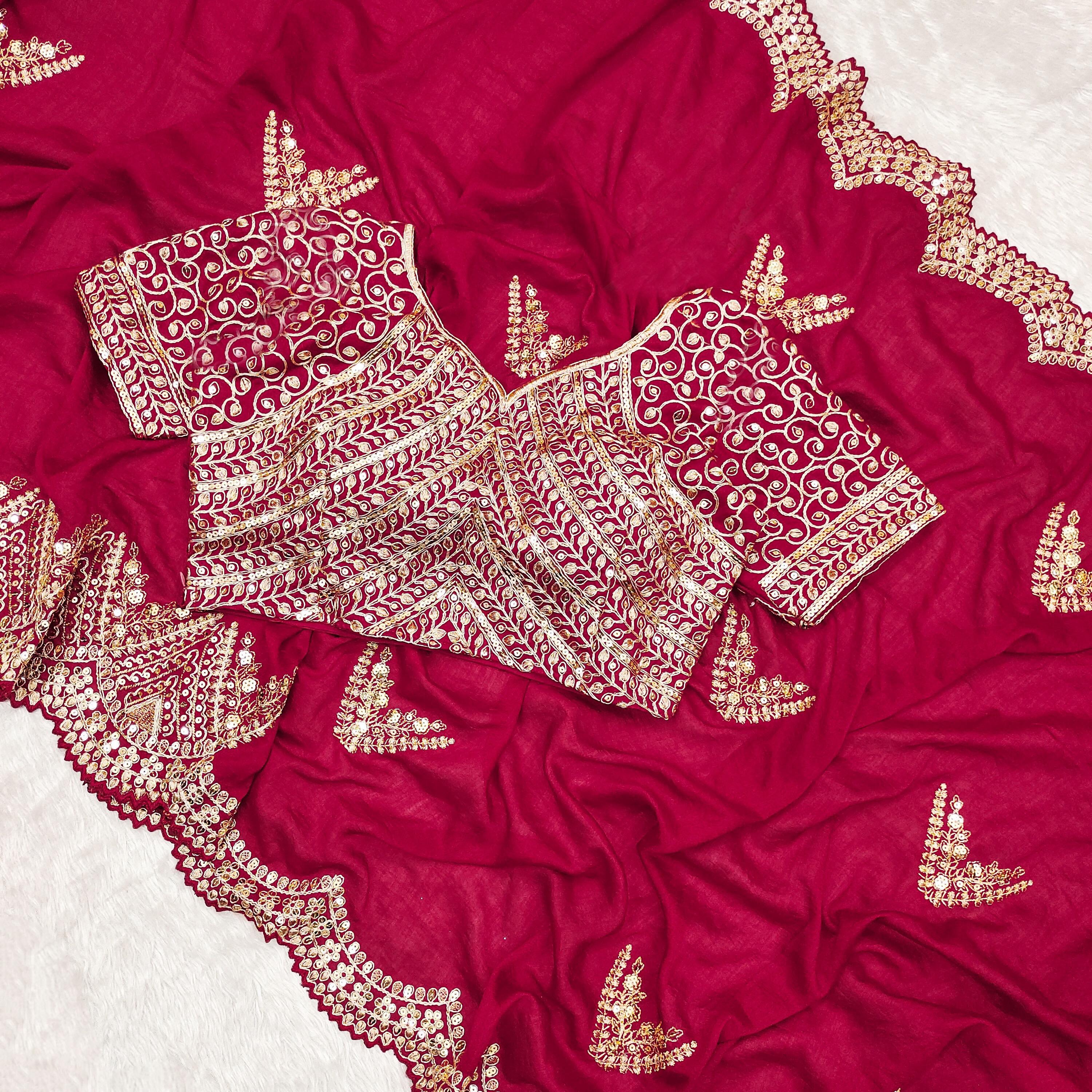 Shining Embroidery Work Red Color Saree