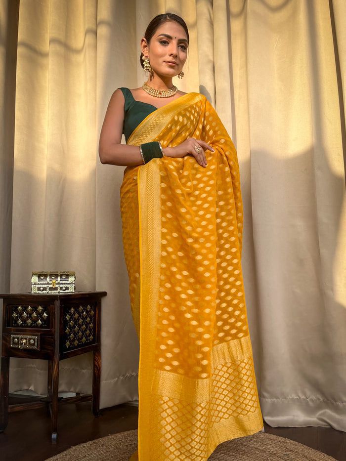 BEAUTIFUL YELLOW COLOR RICH PALLU JACQUARD WORK  SAREE.