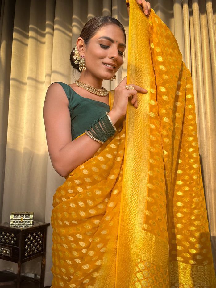 BEAUTIFUL YELLOW COLOR RICH PALLU JACQUARD WORK  SAREE.