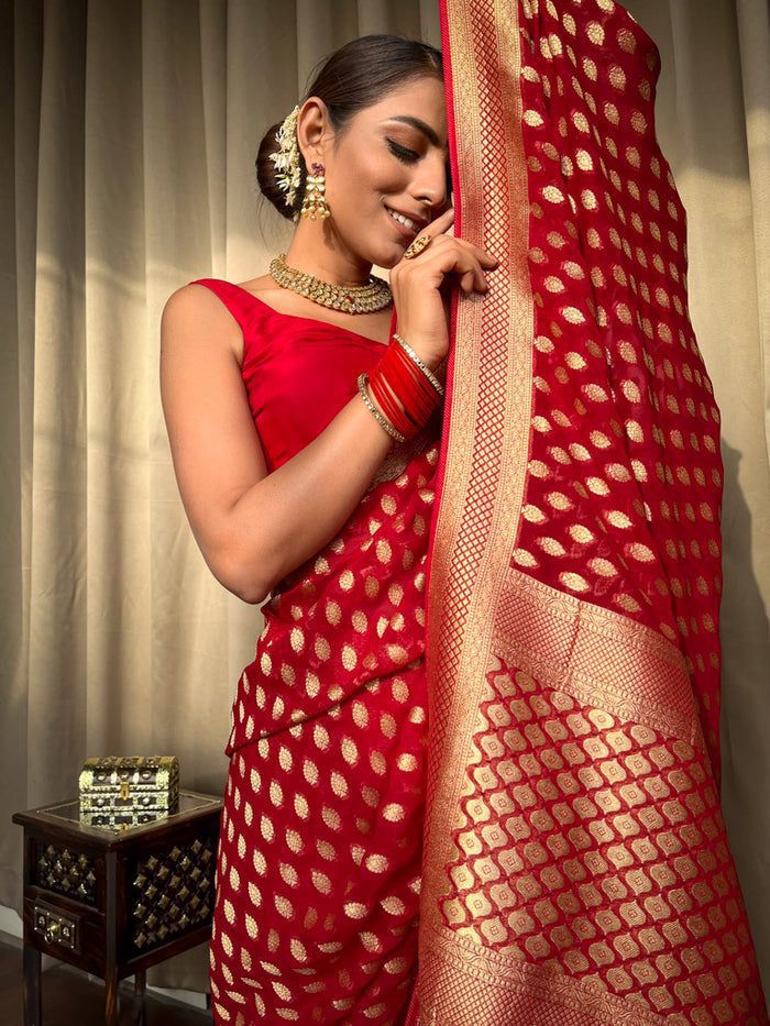 BEAUTIFUL RED COLOR RICH PALLU JACQUARD WORK  SAREE.