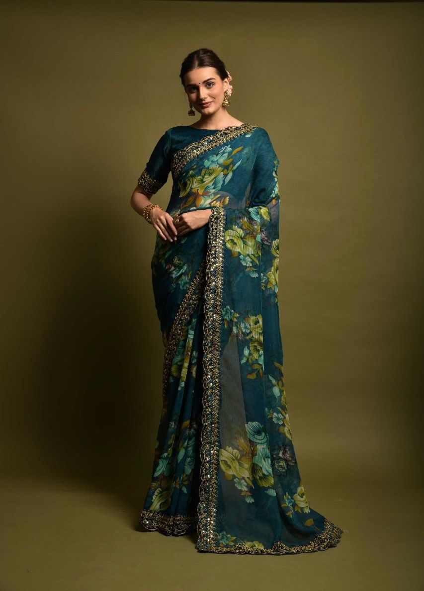 Innovative Blue Color Floral Printed Saree