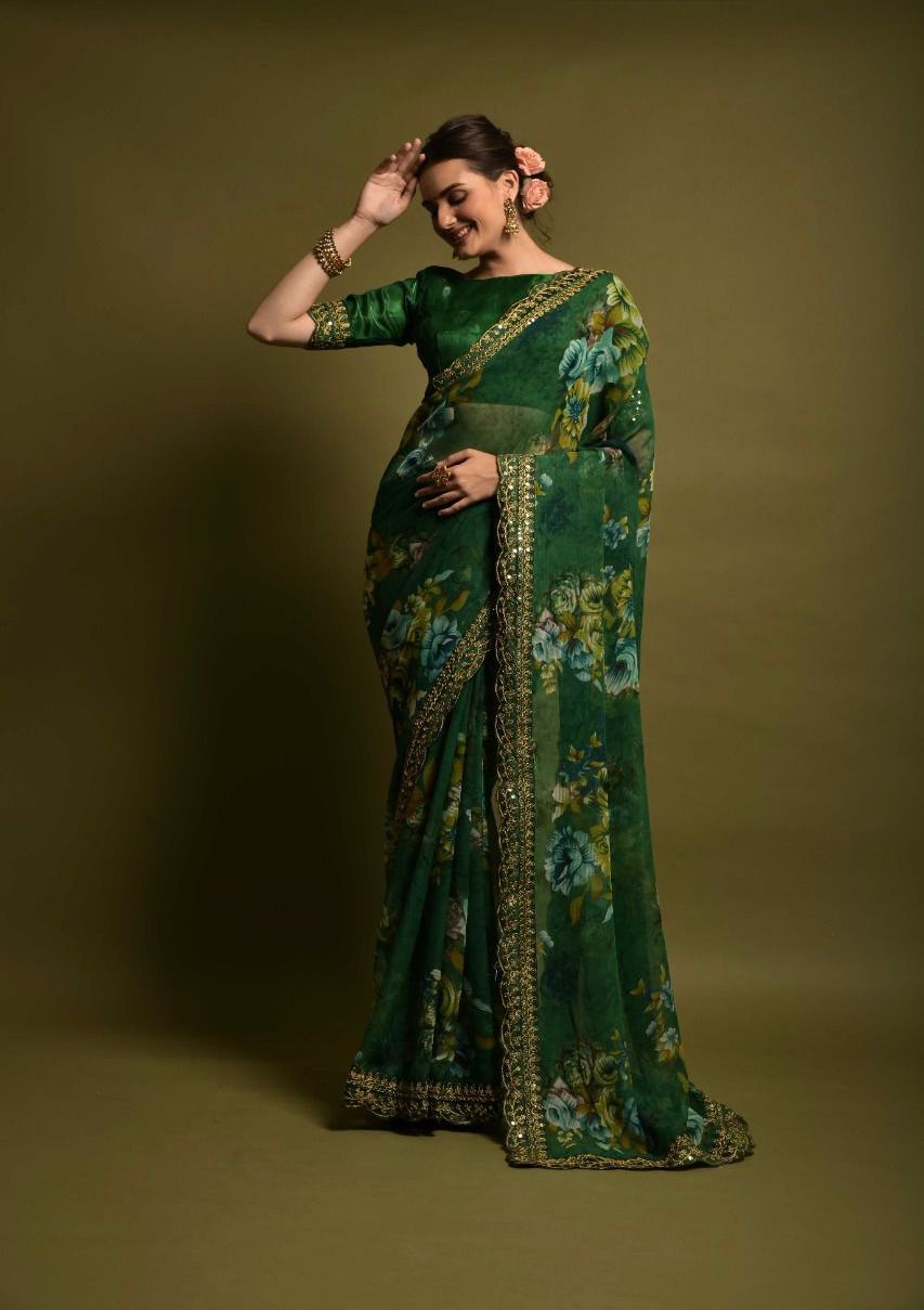 Innovative Green Color Floral Printed Saree