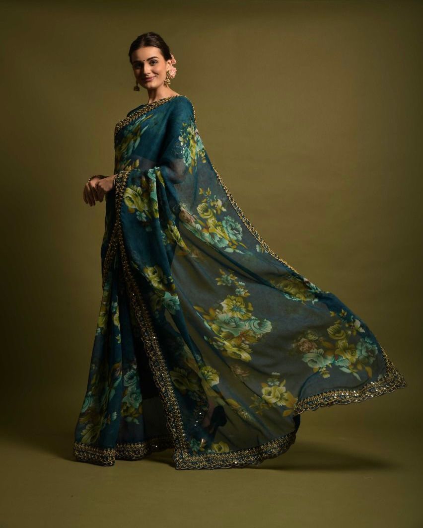 Innovative Blue Color Floral Printed Saree