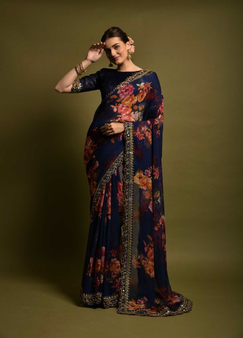 Innovative Navy Blue Color Floral Printed Saree