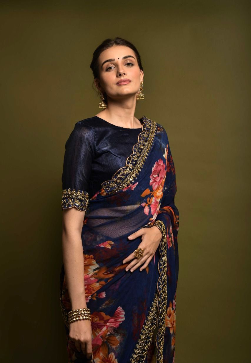 Innovative Navy Blue Color Floral Printed Saree