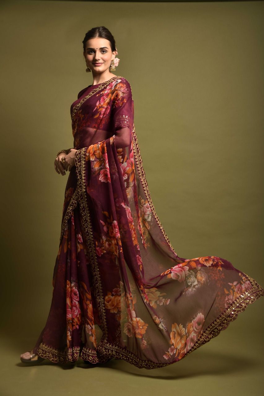 Innovative Wine Color Floral Printed Saree