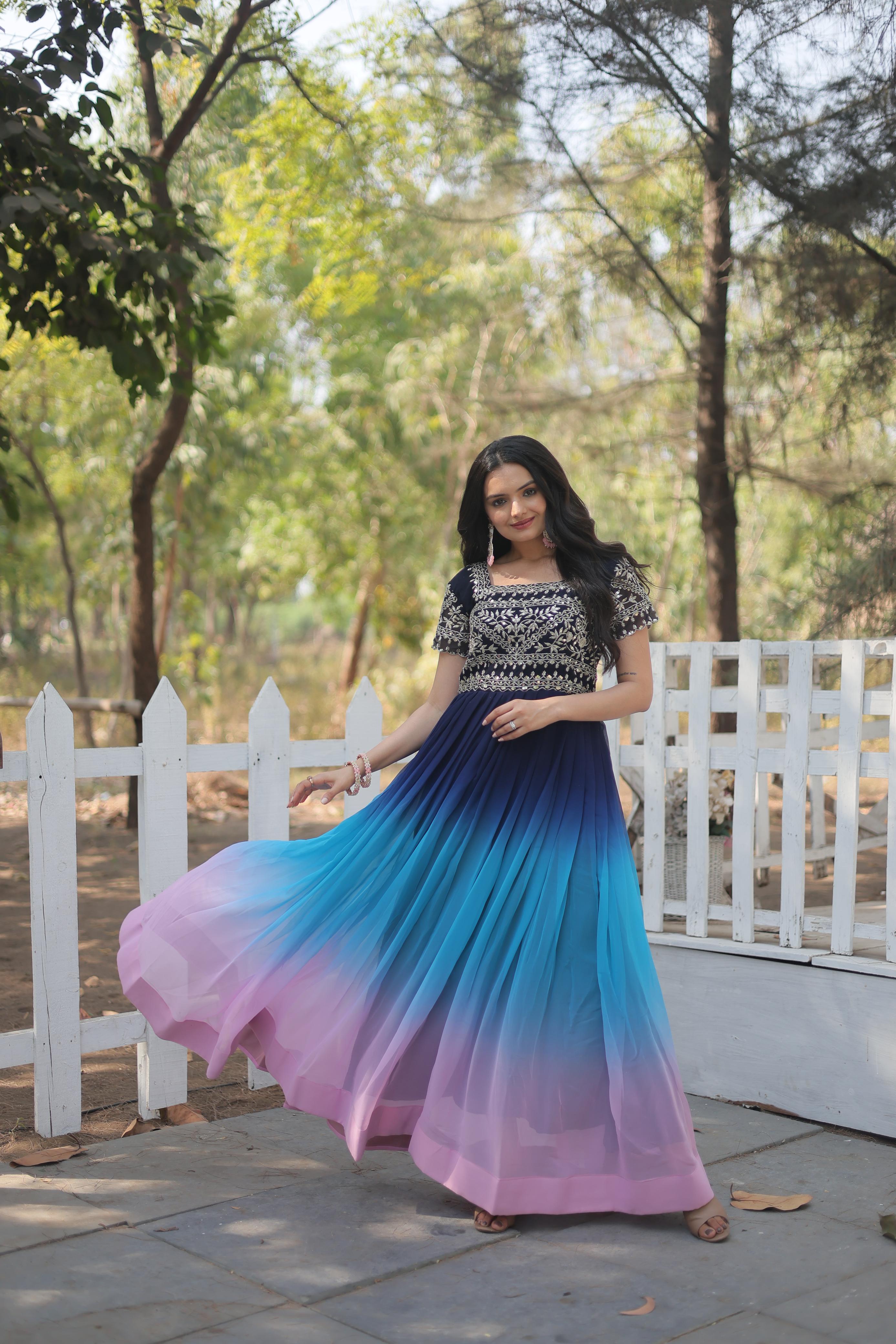 Delightful Navy Blue With Sequence Work Gown