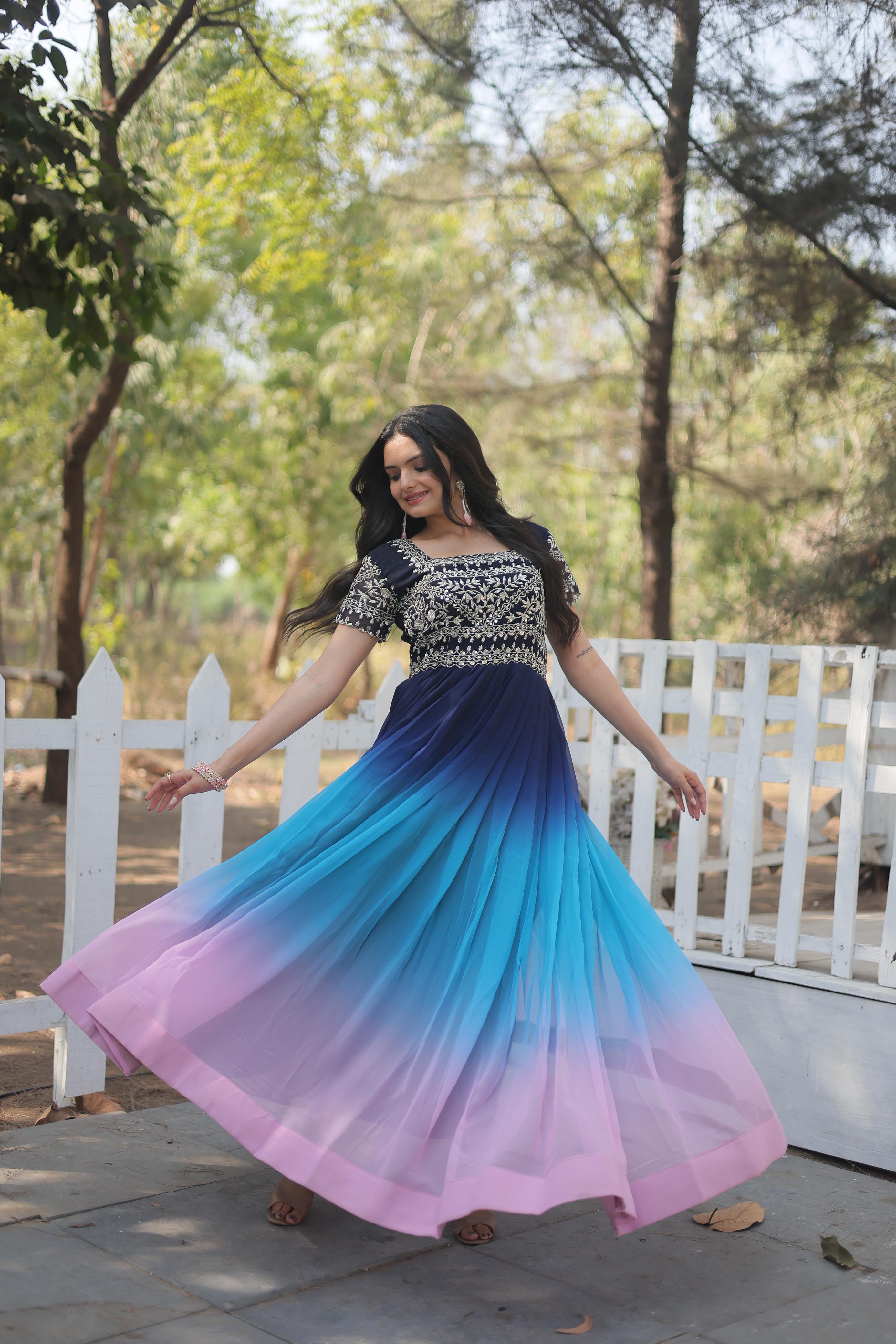 Delightful Navy Blue With Sequence Work Gown