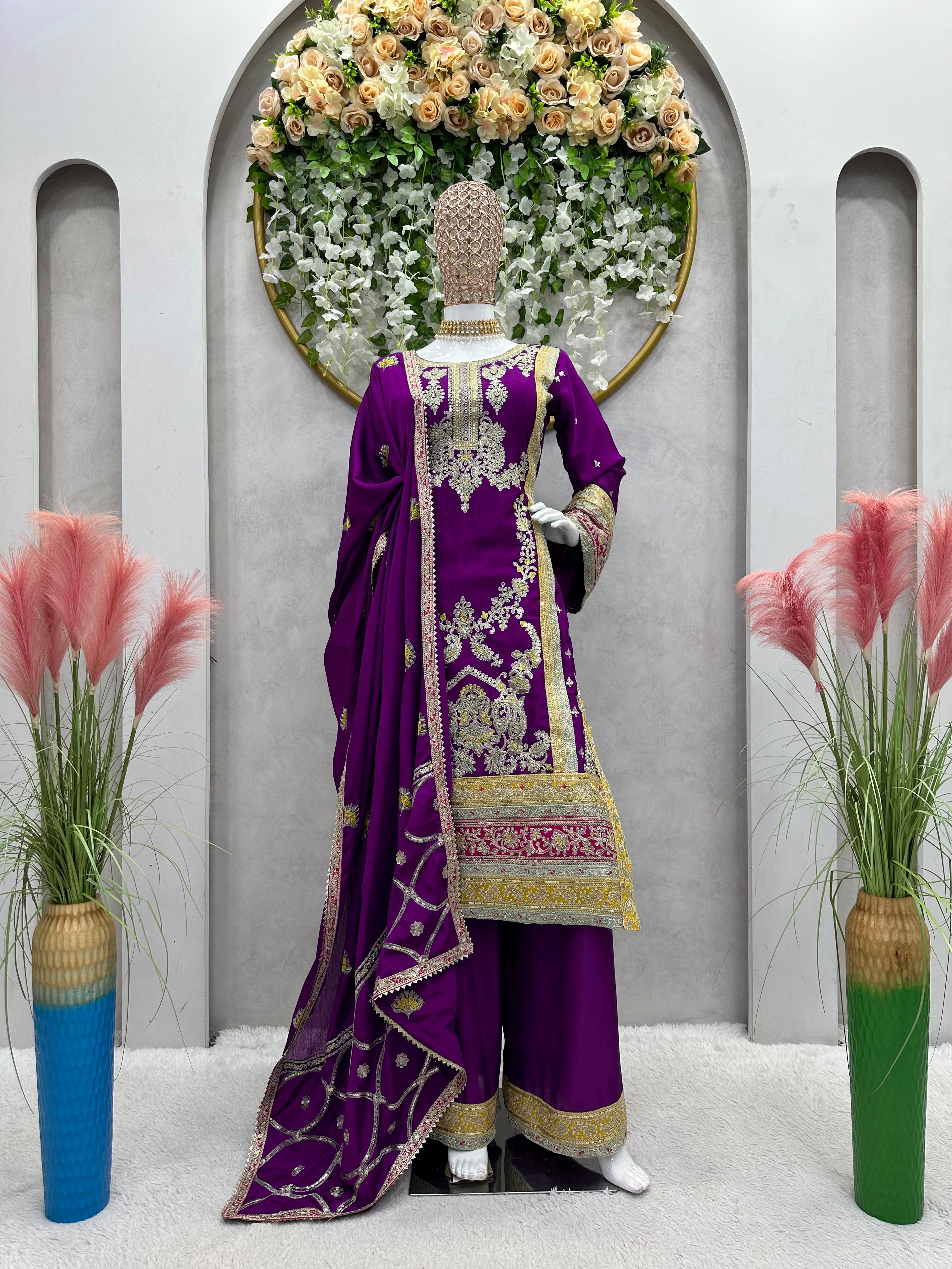 Embellished Sequence Work Rama Color Sharara Suit