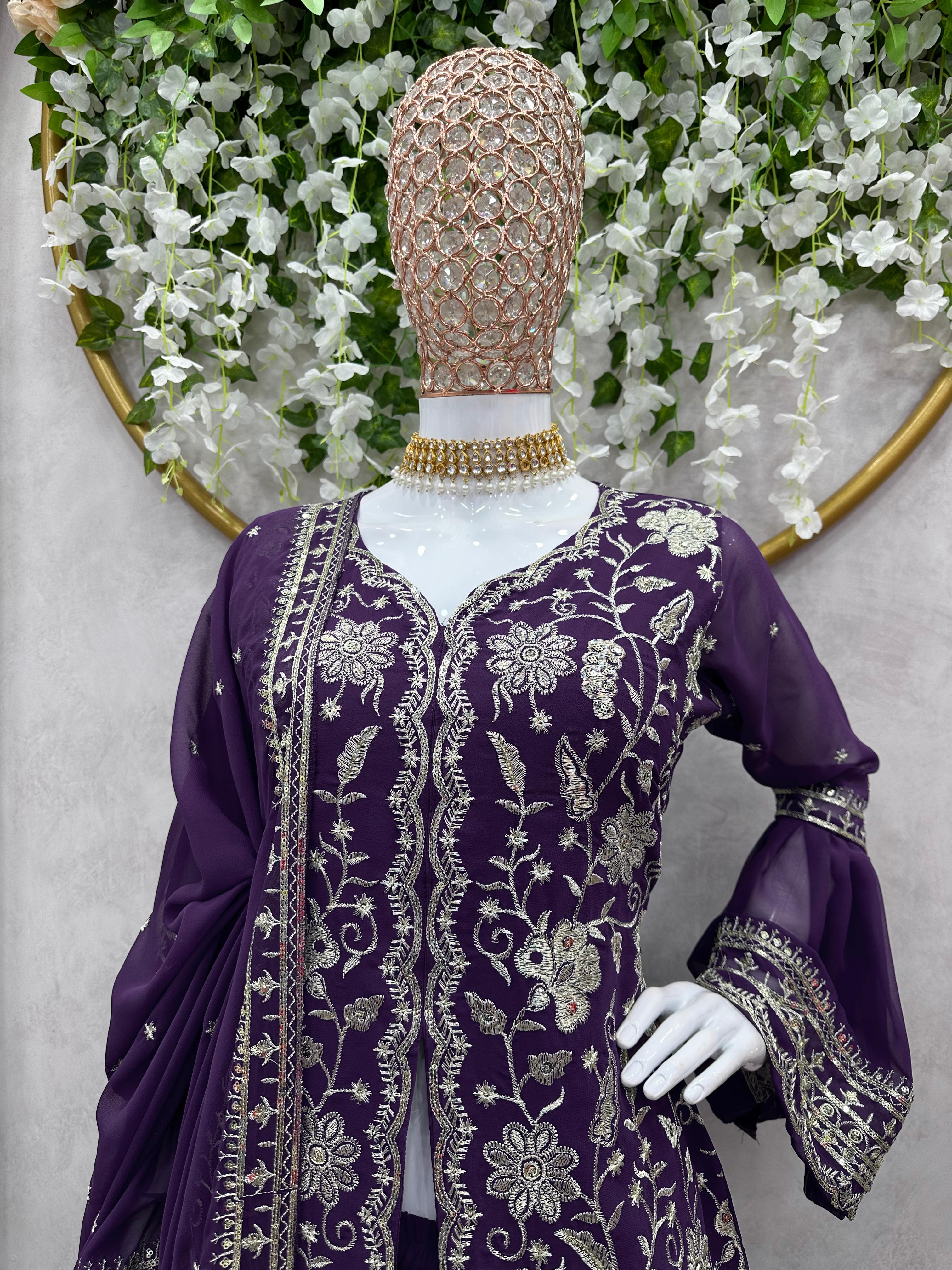 Beautiful Sequence Thread Work Purple Color Palazzo With Top