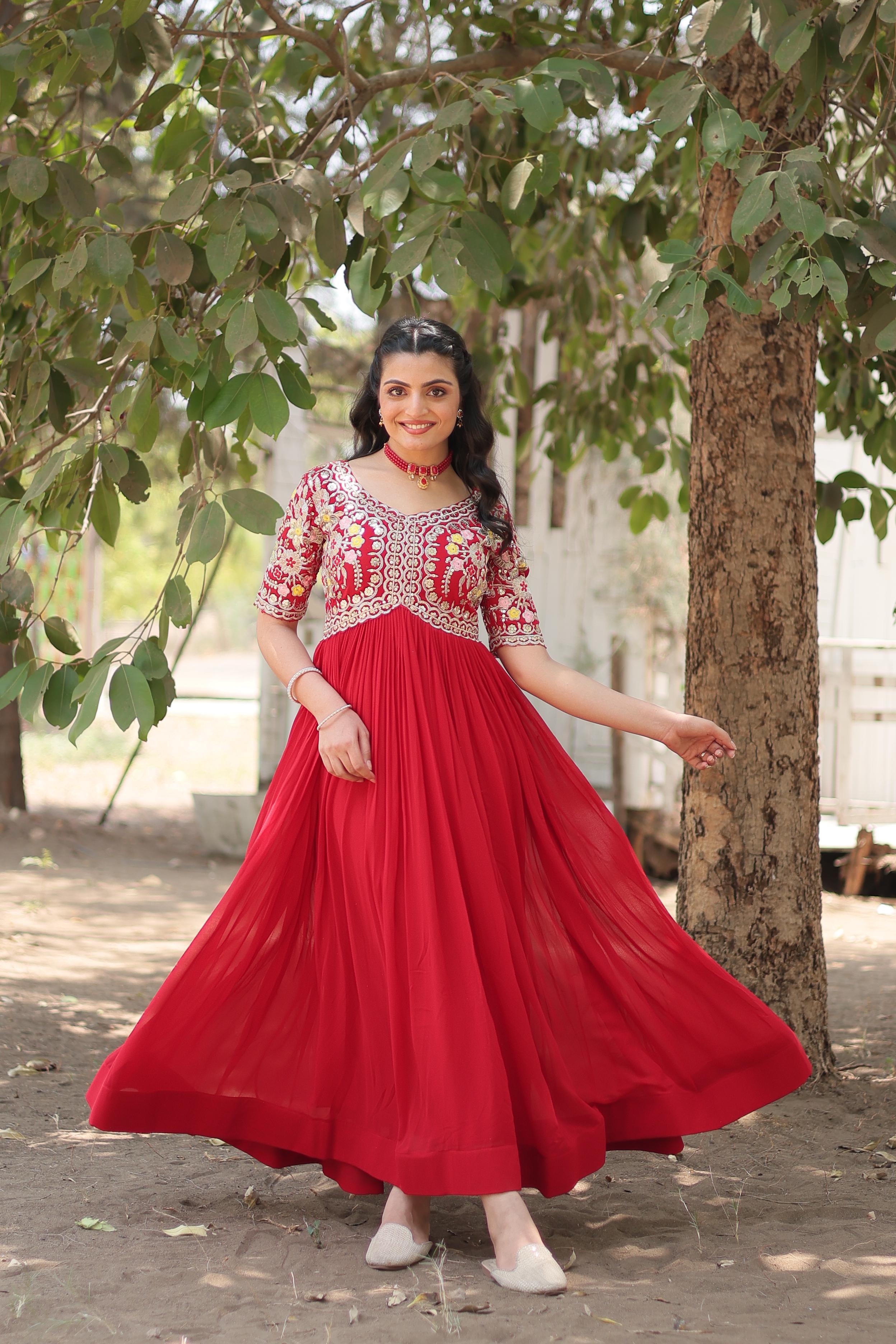 Outstanding Sequence Emrodery Work Red Color Gown