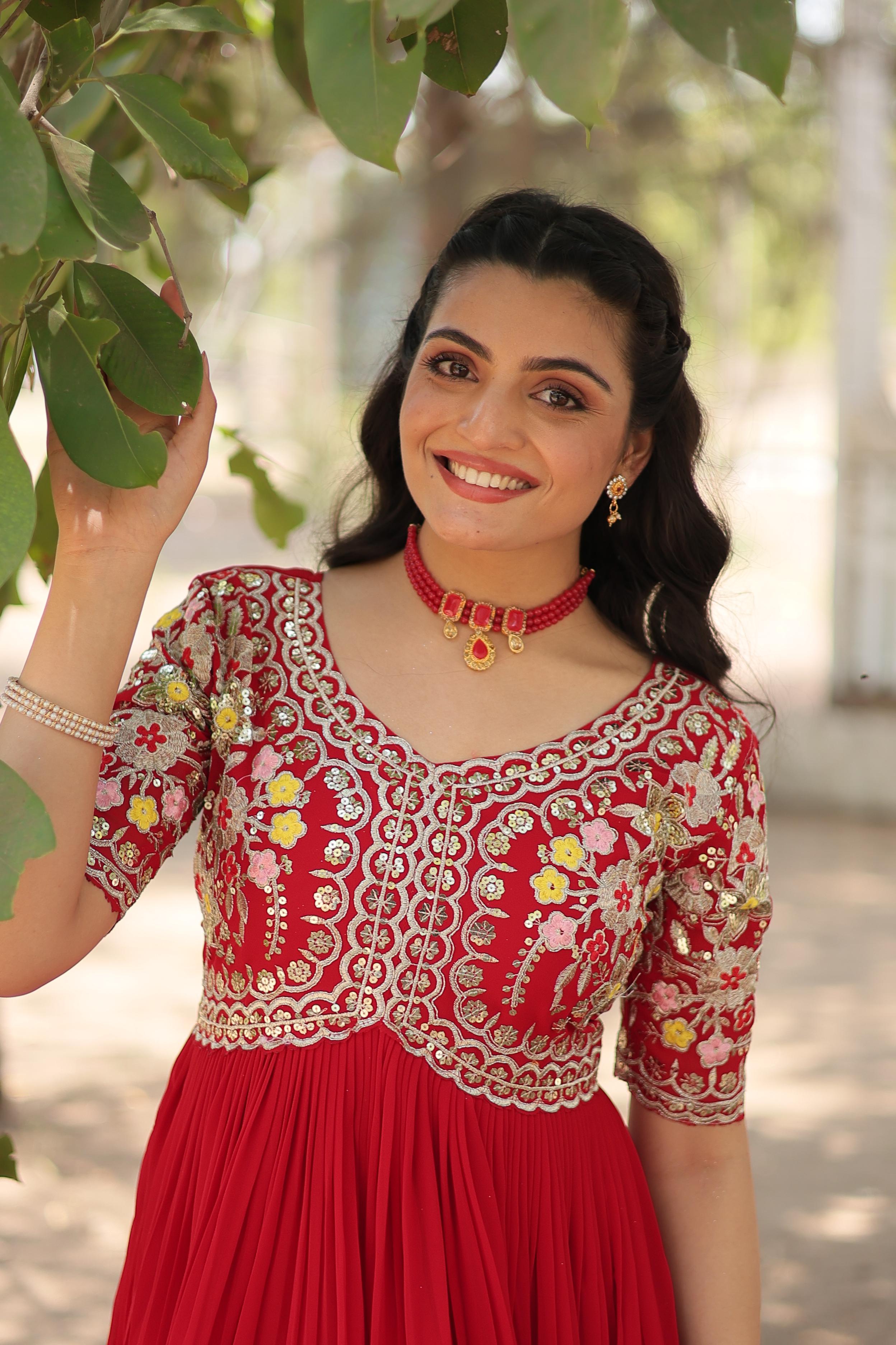 Outstanding Sequence Emrodery Work Red Color Gown