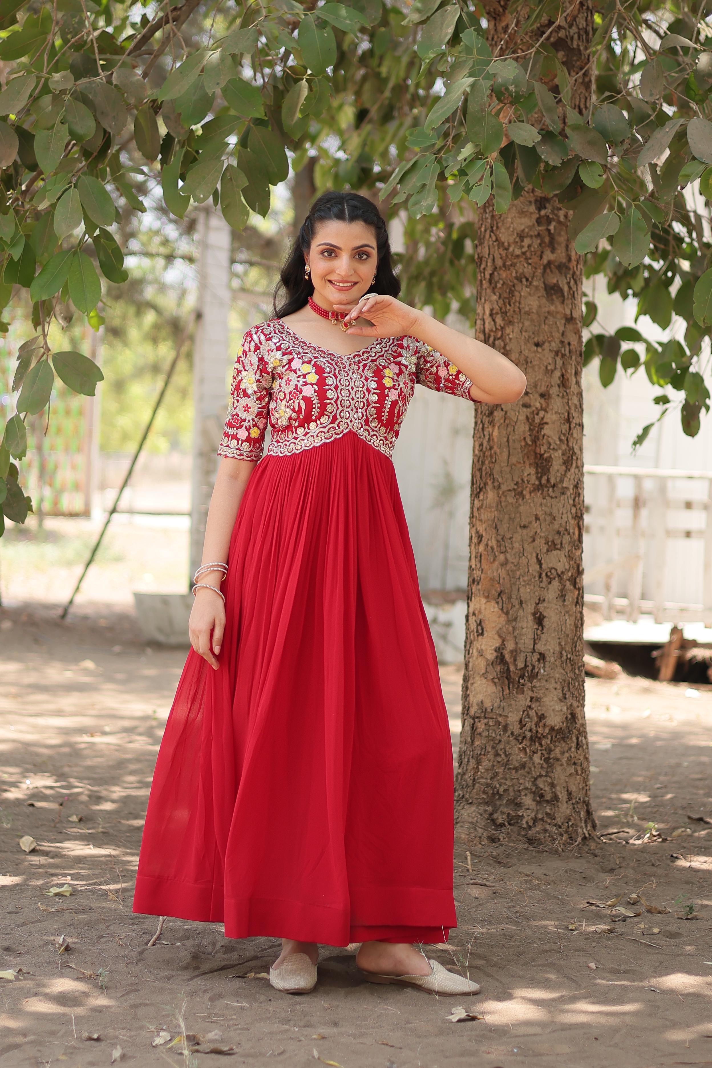 Outstanding Sequence Emrodery Work Red Color Gown