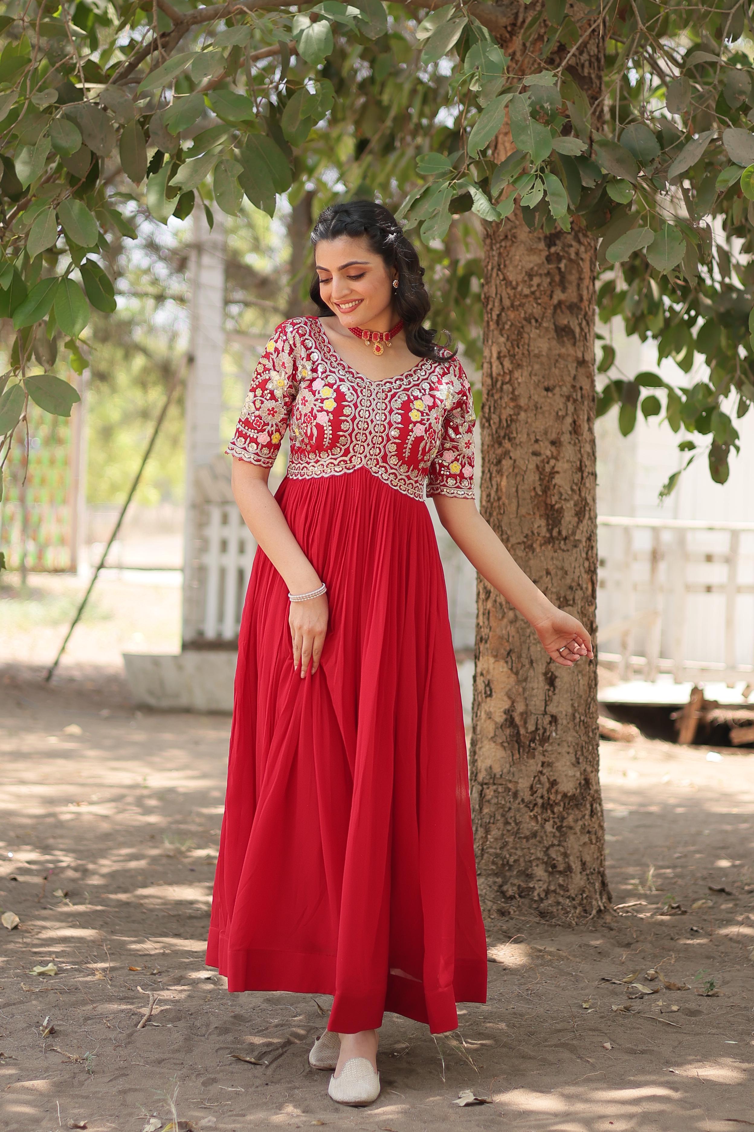 Outstanding Sequence Emrodery Work Red Color Gown