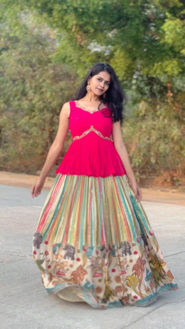 Amazing  Pink Color  Embroidery Thread Work Top With Lehenga