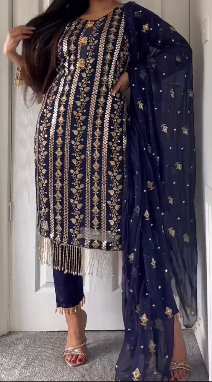 Glimmering Embroidery Work Navy Blue Color Anarkali Suit