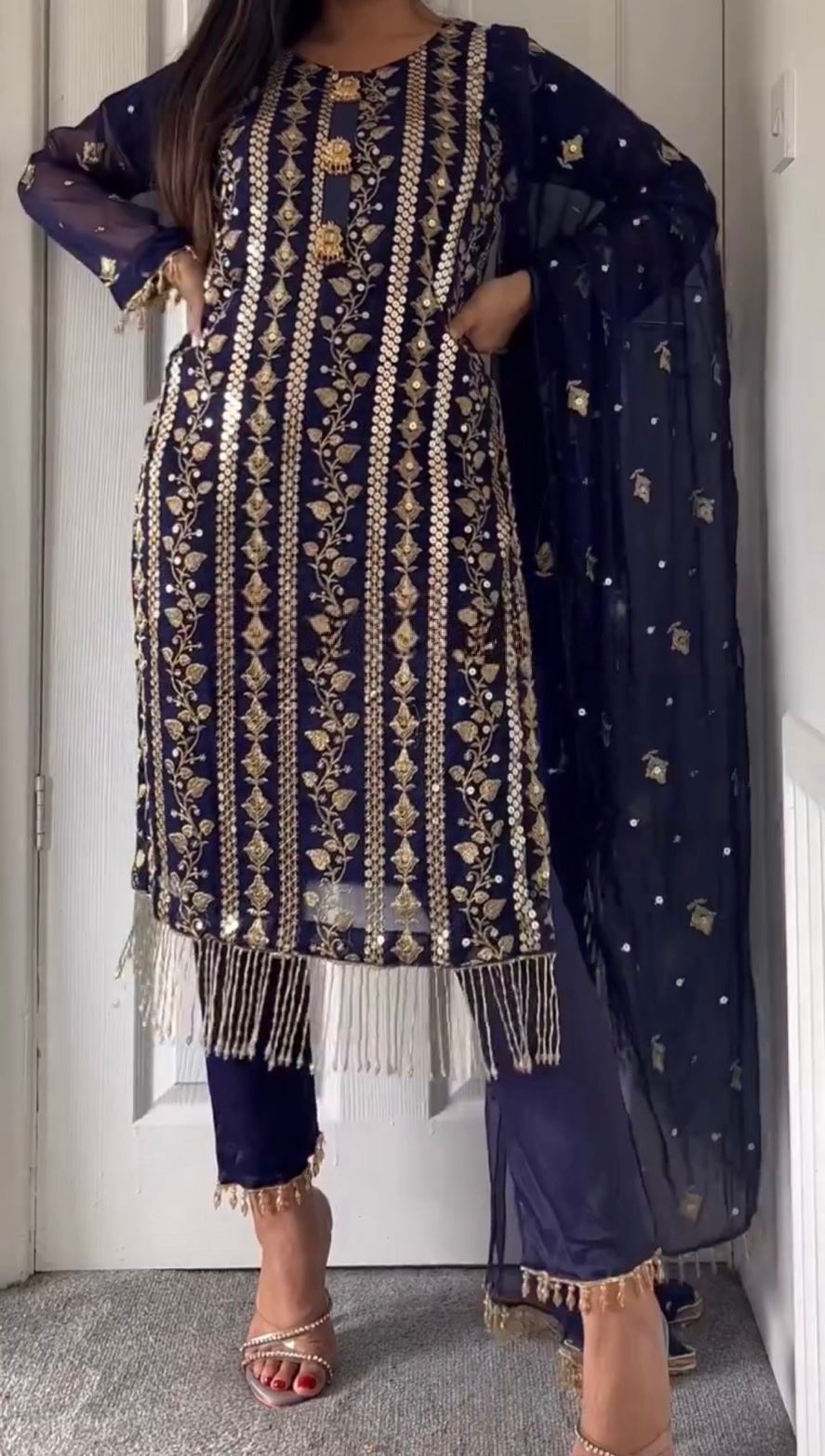 Glimmering Embroidery Work Navy Blue Color Anarkali Suit