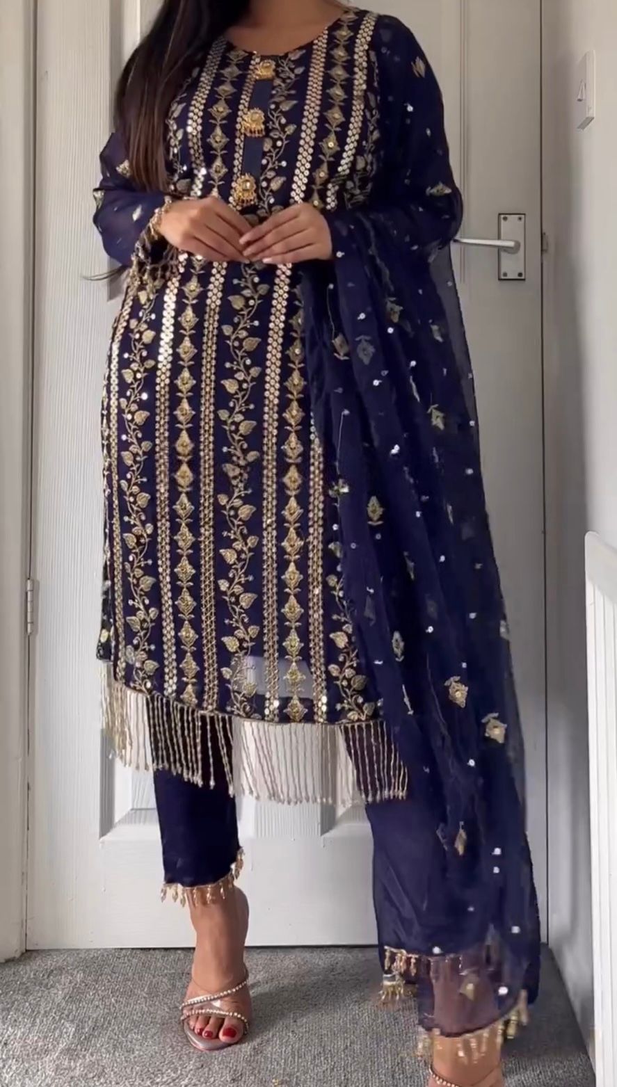 Glimmering Embroidery Work Navy Blue Color Anarkali Suit