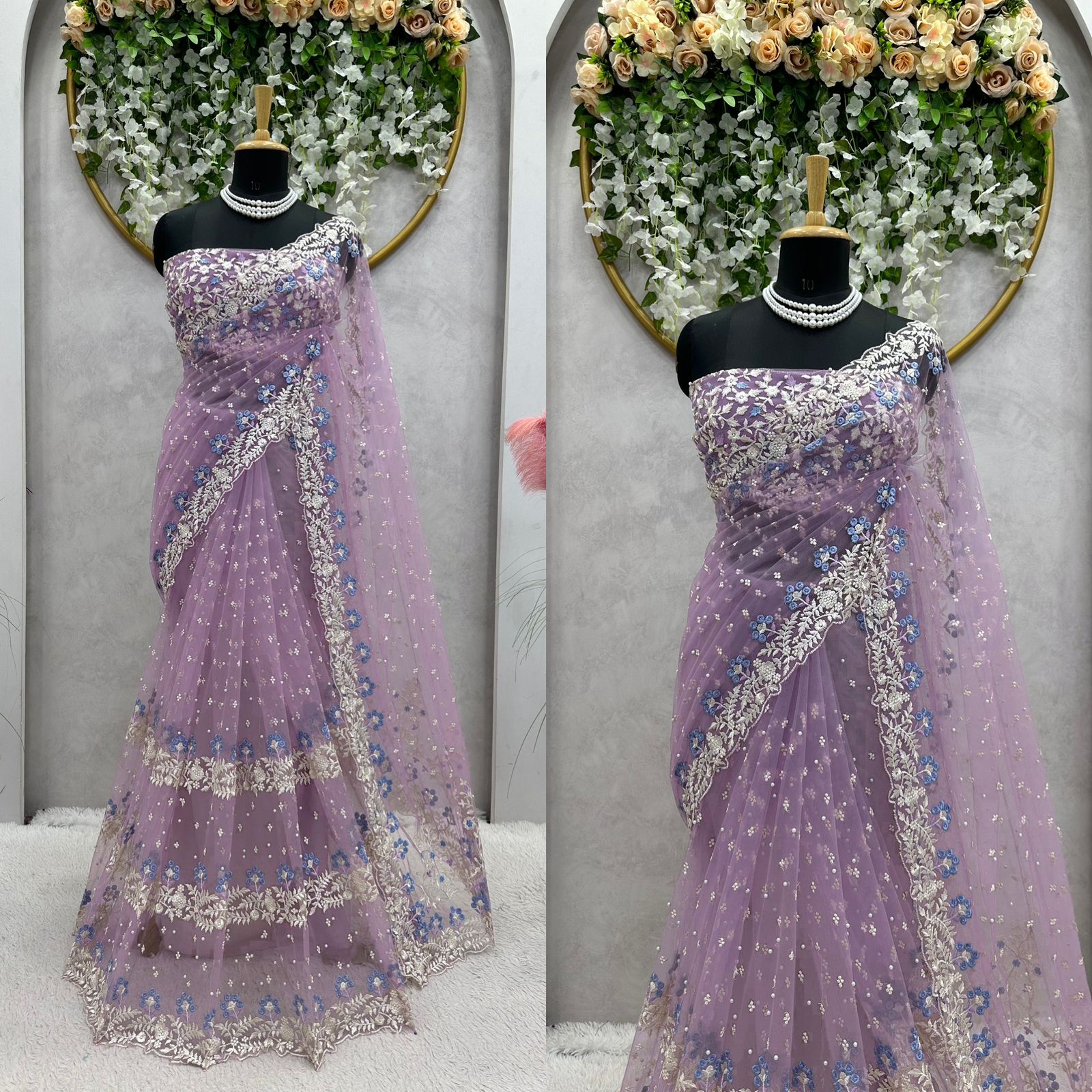 Exclusive Lavender Color Pearl Work Net Saree