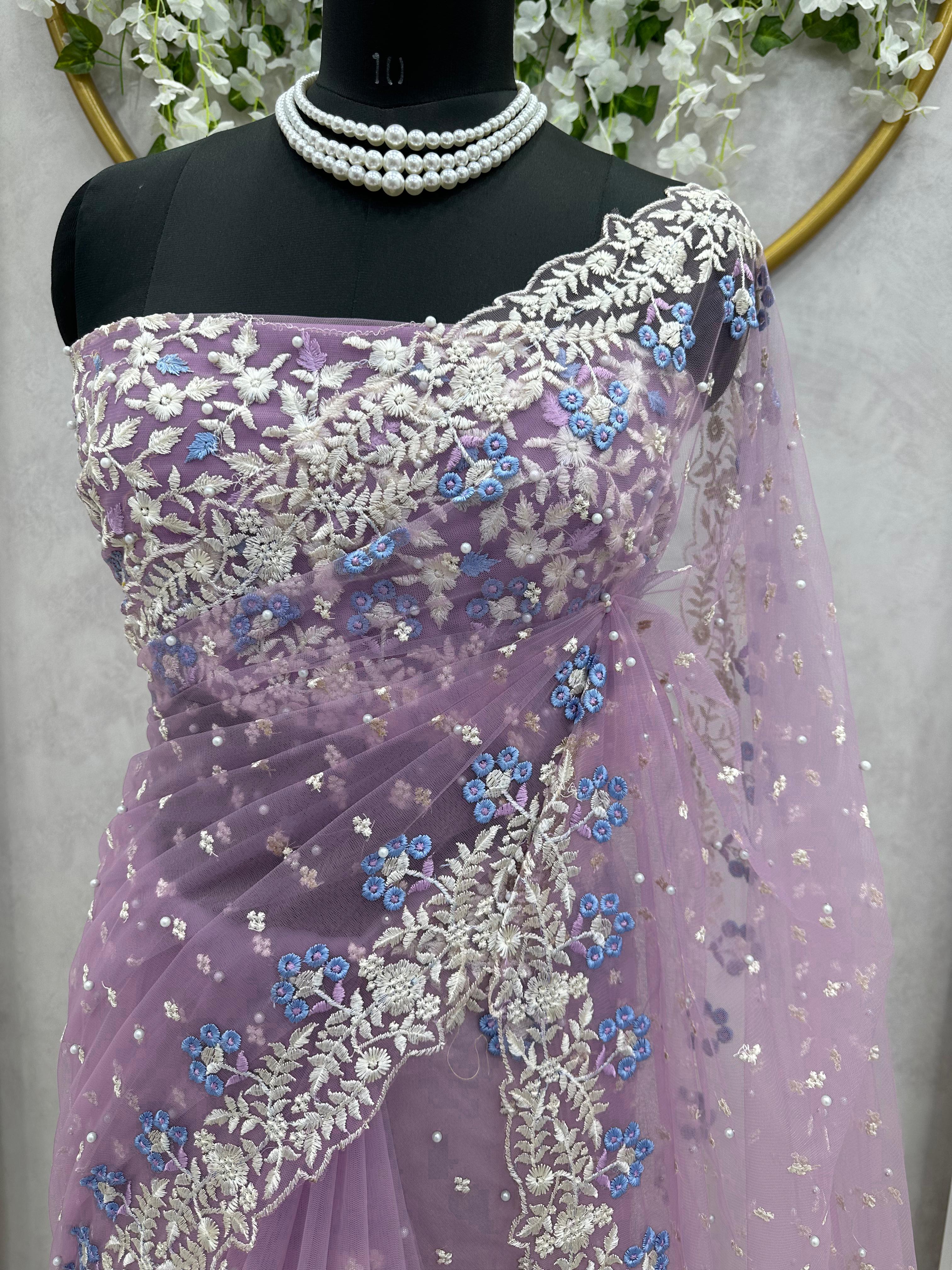 Exclusive Lavender Color Pearl Work Net Saree