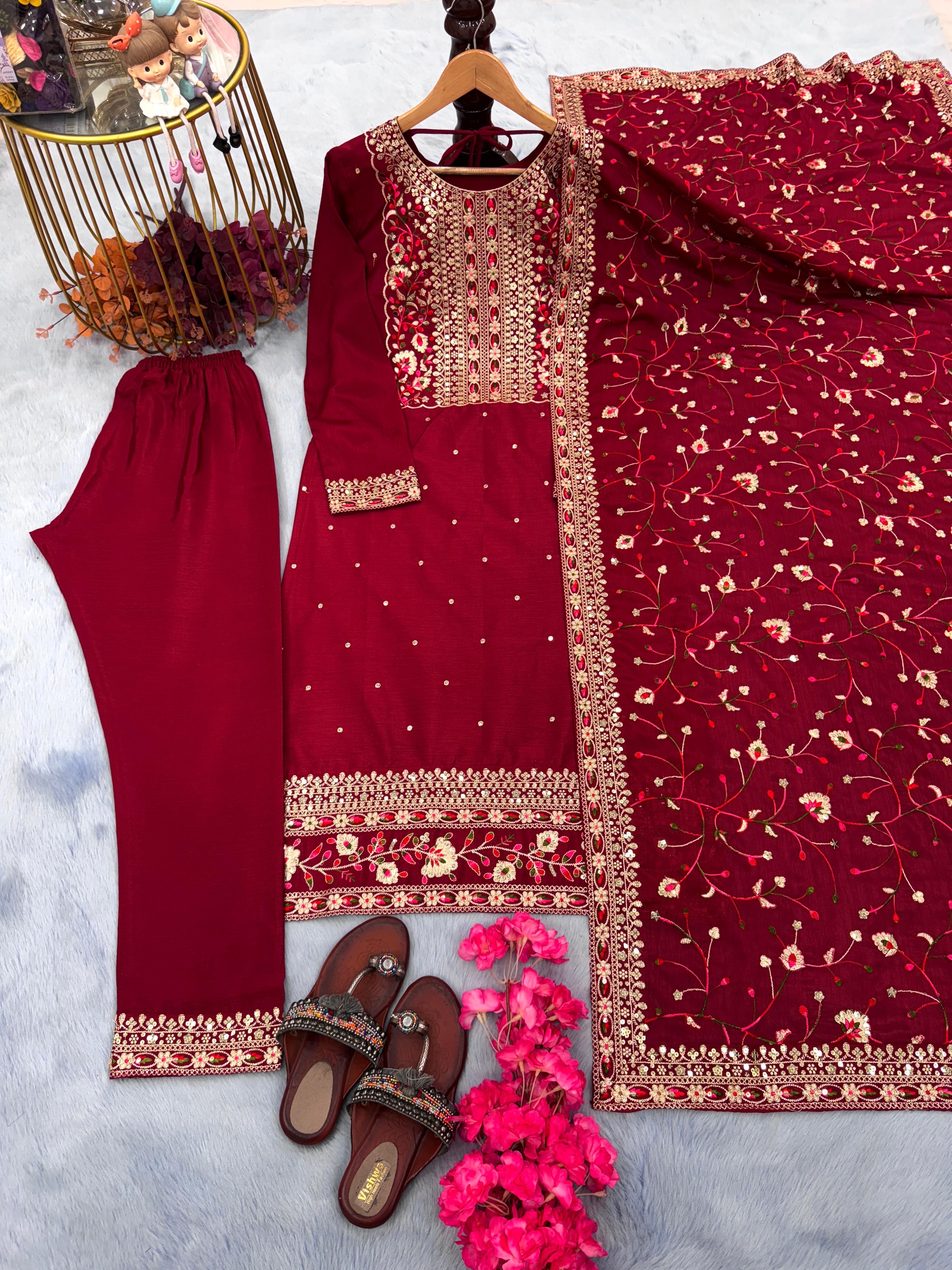 Stylish Embroidery Work Maroon Color Salwar Suit