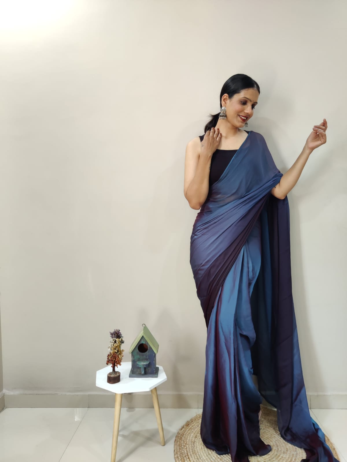 1-Min Ready To Wear Deep Sea Imported Silk Saree With Blouse