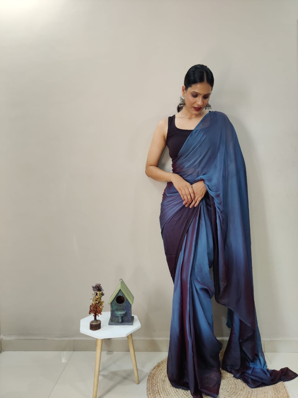 1-Min Ready To Wear Deep Sea Imported Silk Saree With Blouse