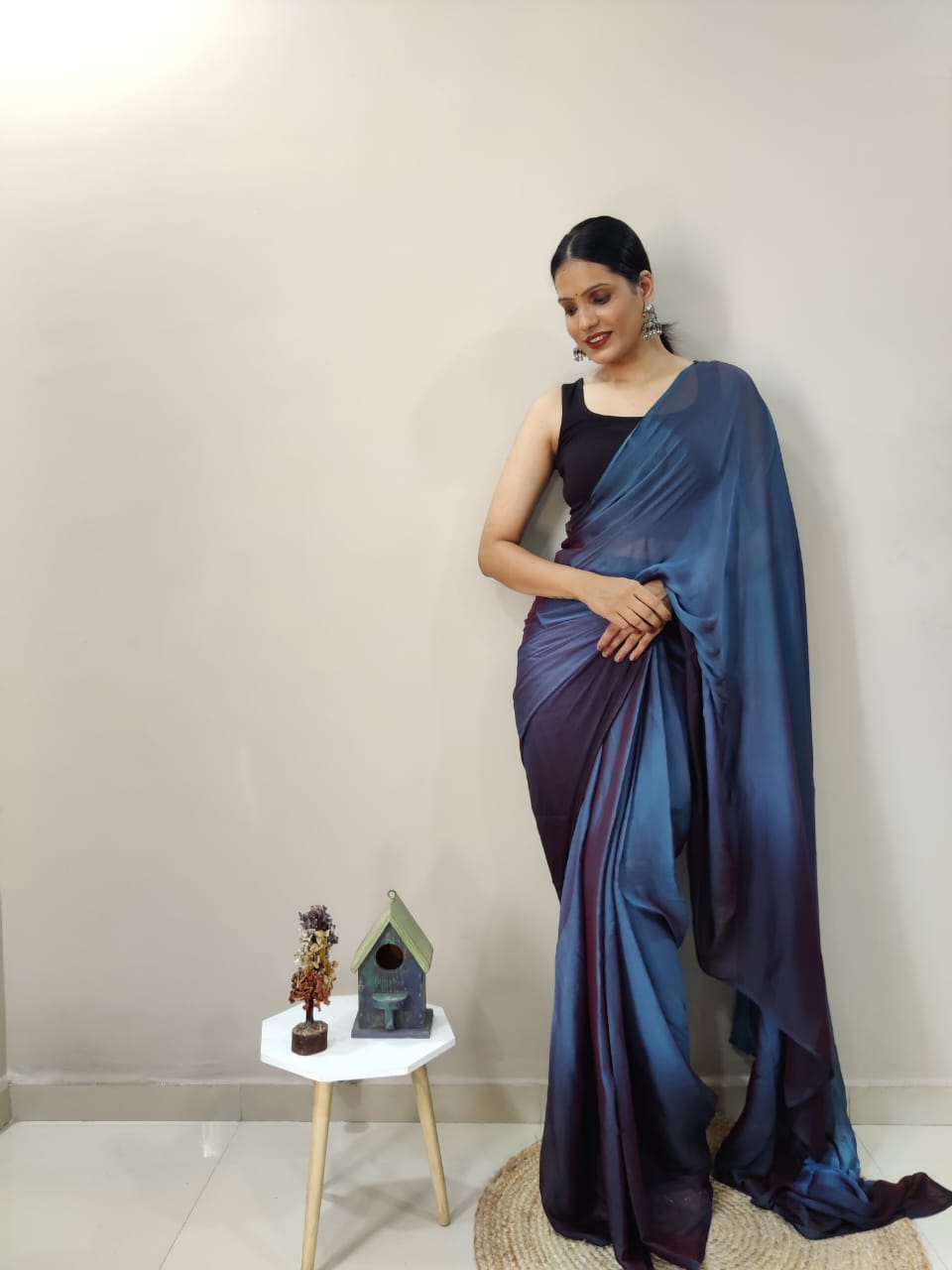 1-Min Ready To Wear Deep Sea Imported Silk Saree With Blouse