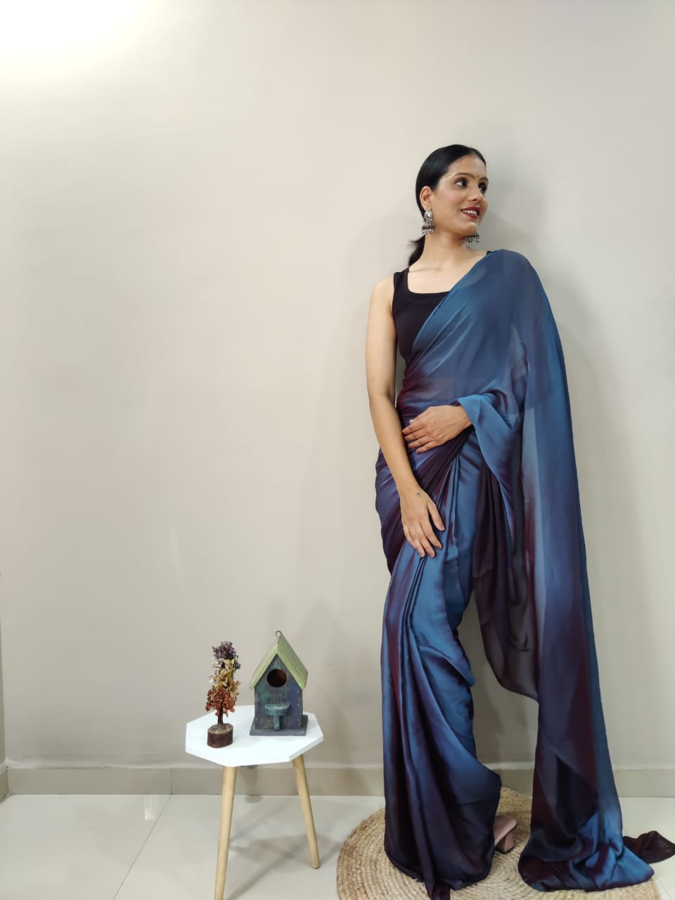 1-Min Ready To Wear Deep Sea Imported Silk Saree With Blouse