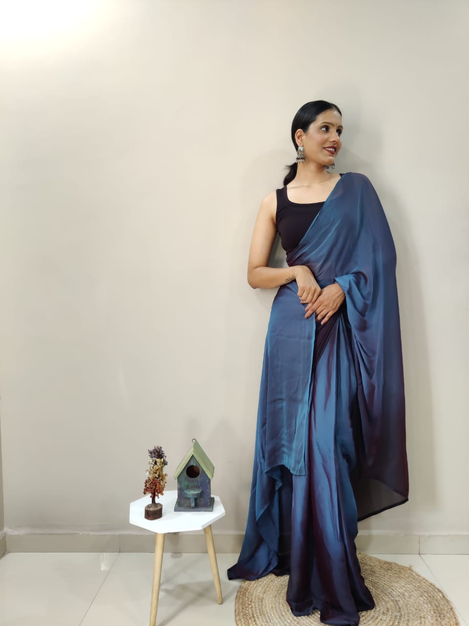 1-Min Ready To Wear Deep Sea Imported Silk Saree With Blouse