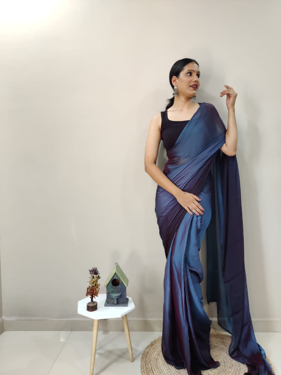 1-Min Ready To Wear Deep Sea Imported Silk Saree With Blouse