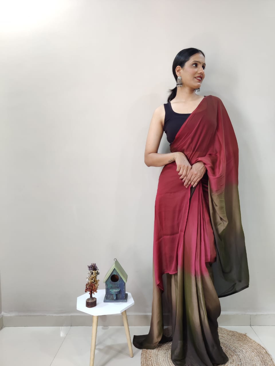 1-Min Ready To Wear Dark Coffee Imported Silk Saree With Blouse