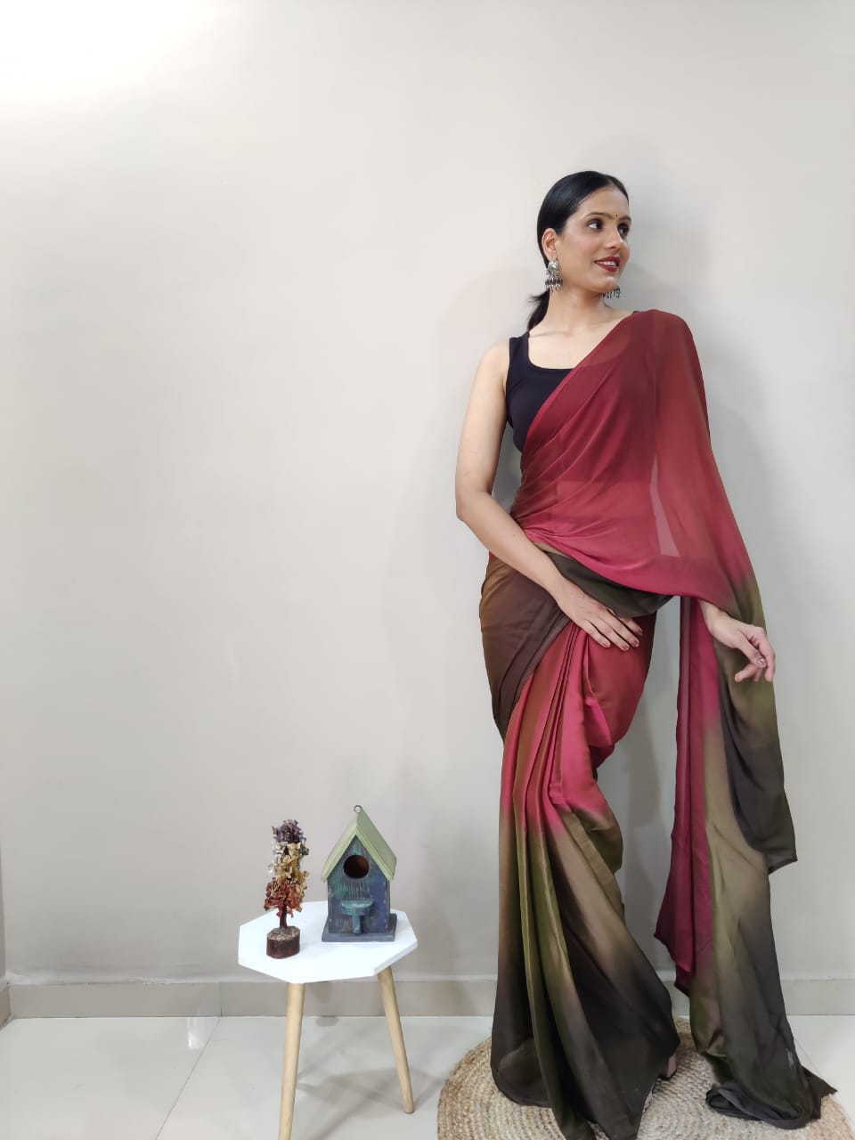 1-Min Ready To Wear Dark Coffee Imported Silk Saree With Blouse