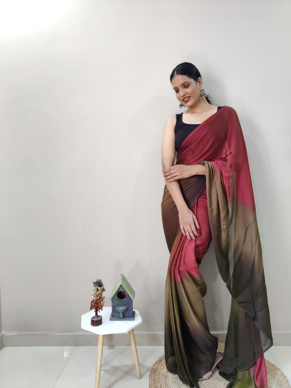 1-Min Ready To Wear Dark Coffee Imported Silk Saree With Blouse