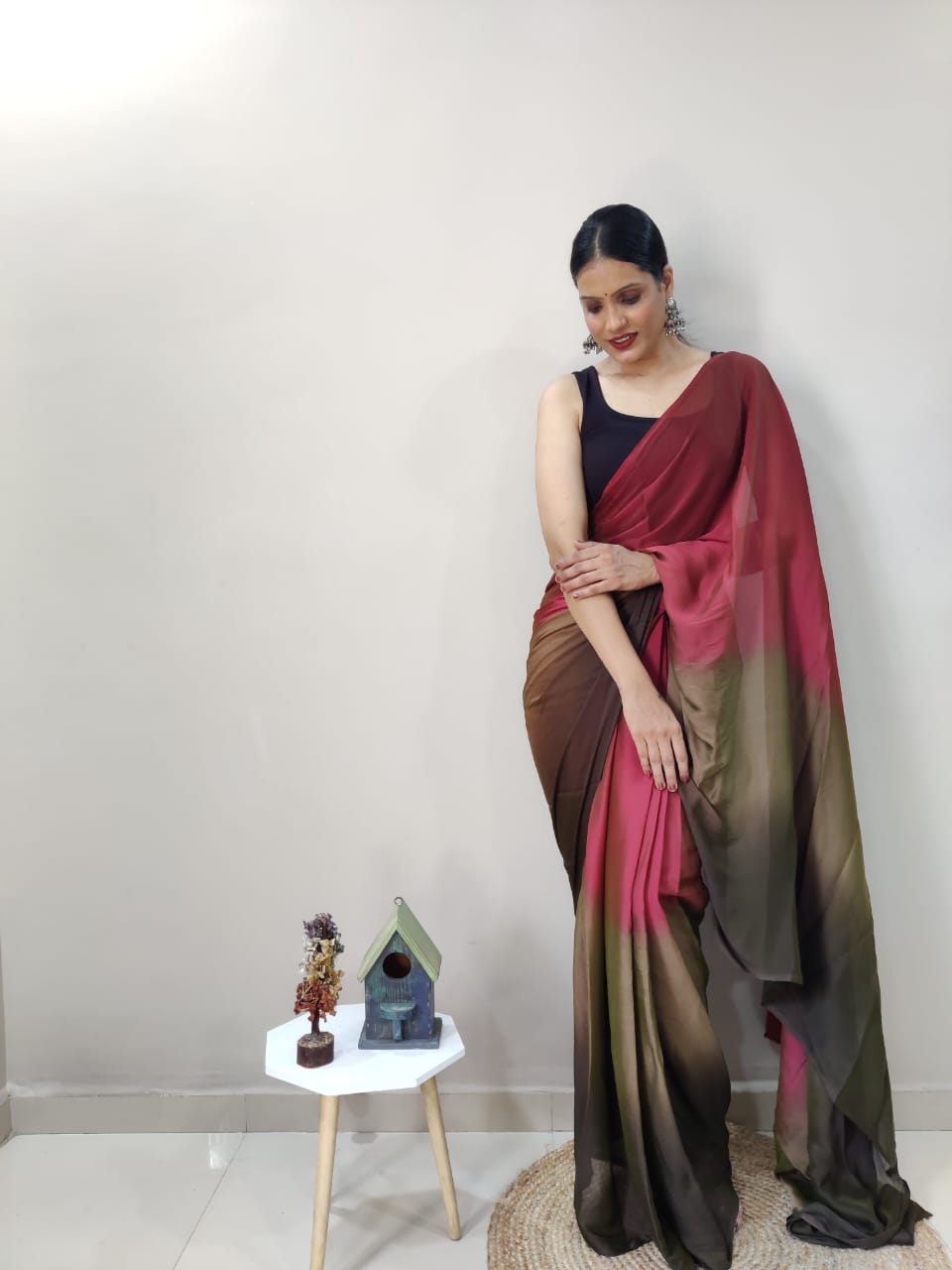 1-Min Ready To Wear Dark Coffee Imported Silk Saree With Blouse