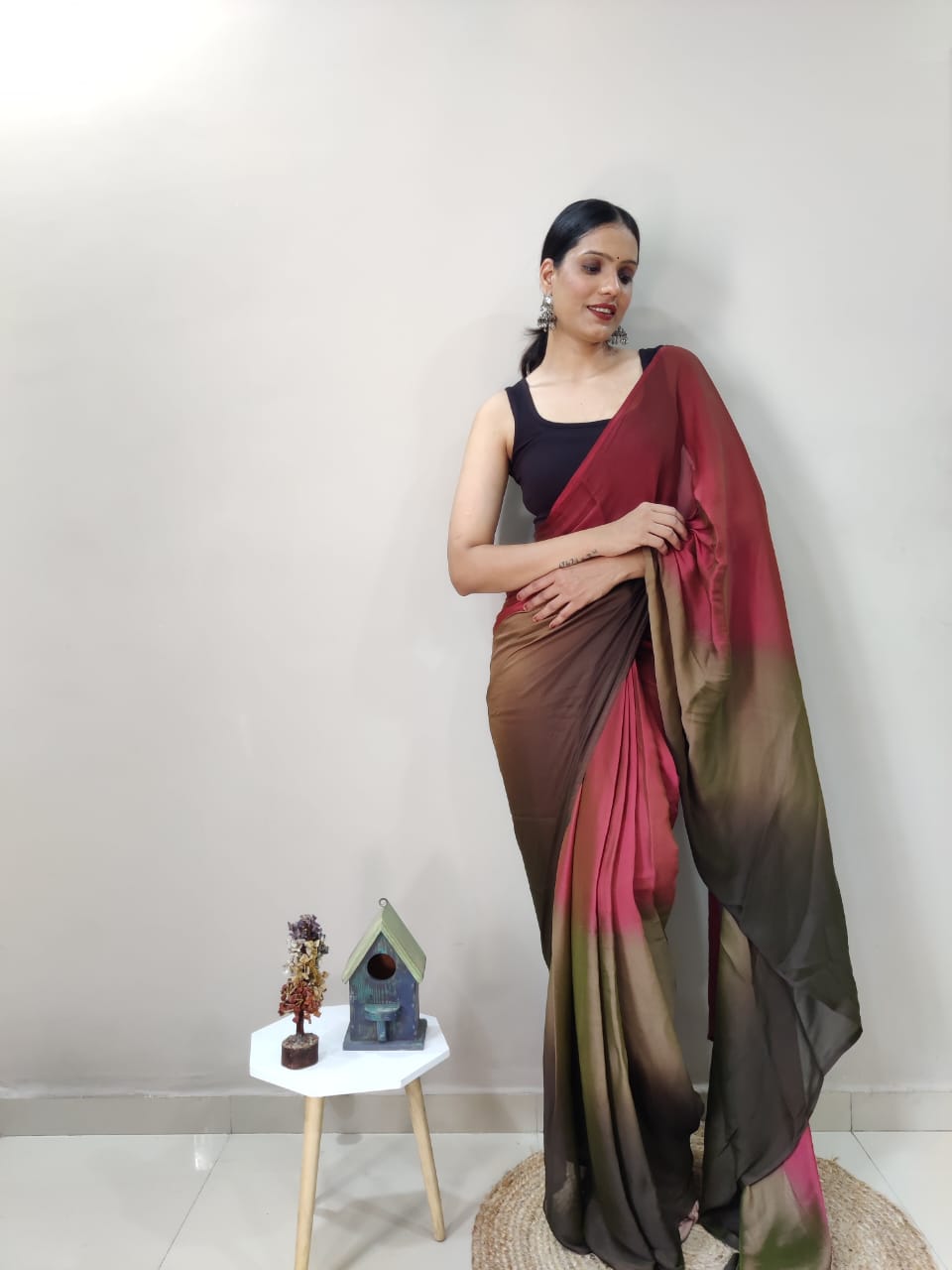 1-Min Ready To Wear Dark Coffee Imported Silk Saree With Blouse