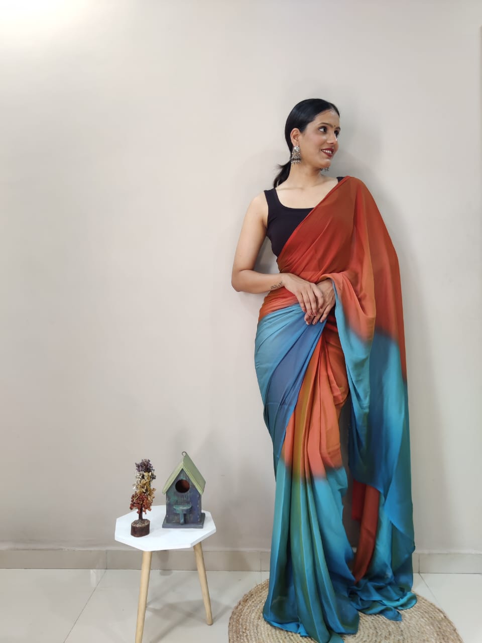 1-Min Ready To Wear Sky Imported Silk Saree With Blouse