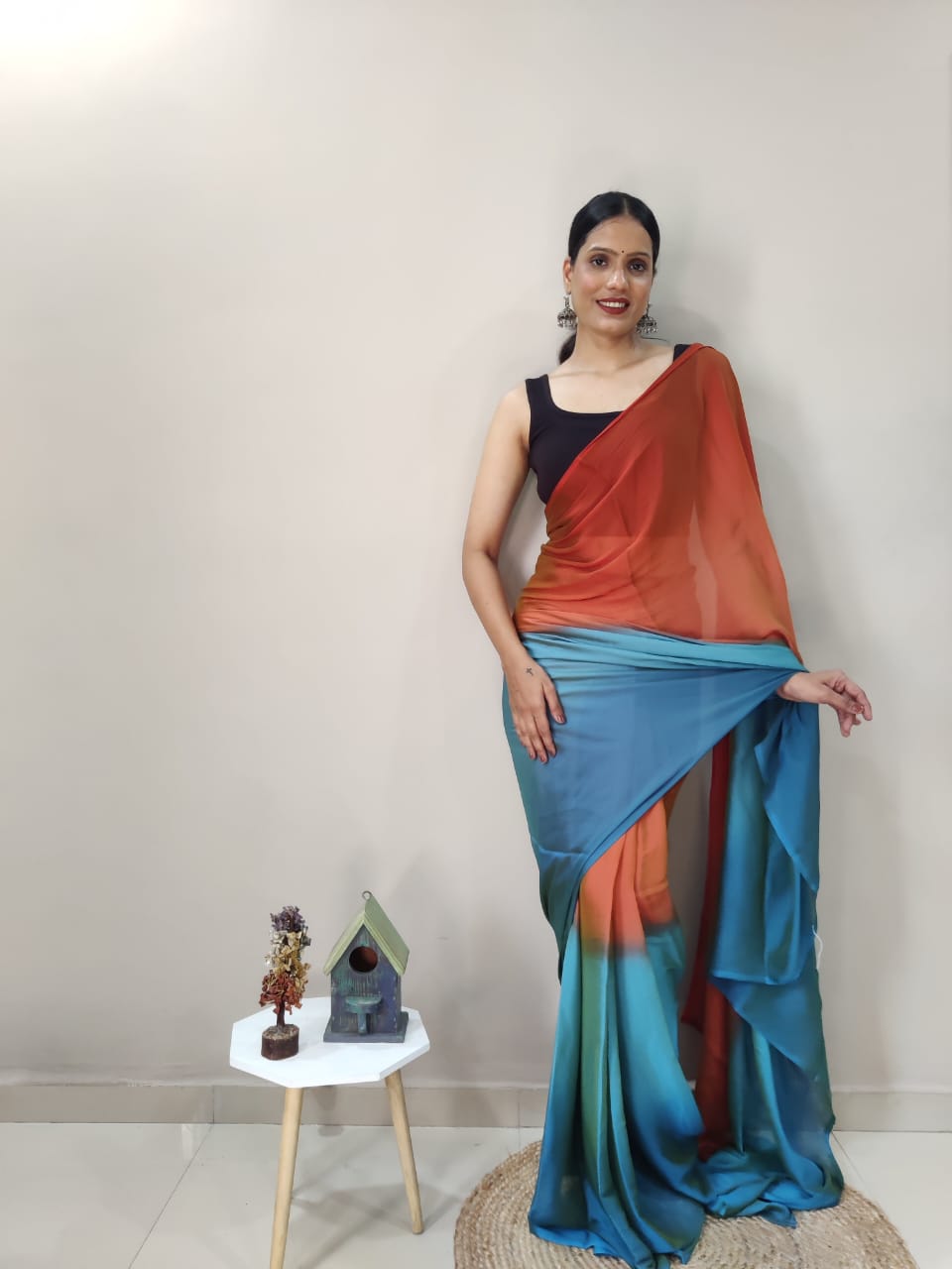 1-Min Ready To Wear Sky Imported Silk Saree With Blouse