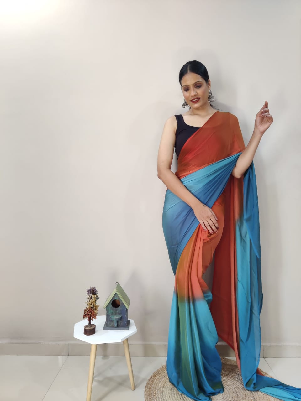 1-Min Ready To Wear Sky Imported Silk Saree With Blouse