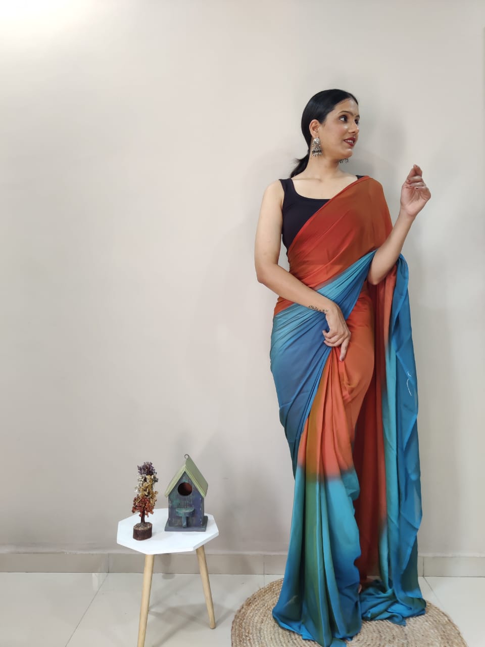 1-Min Ready To Wear Sky Imported Silk Saree With Blouse