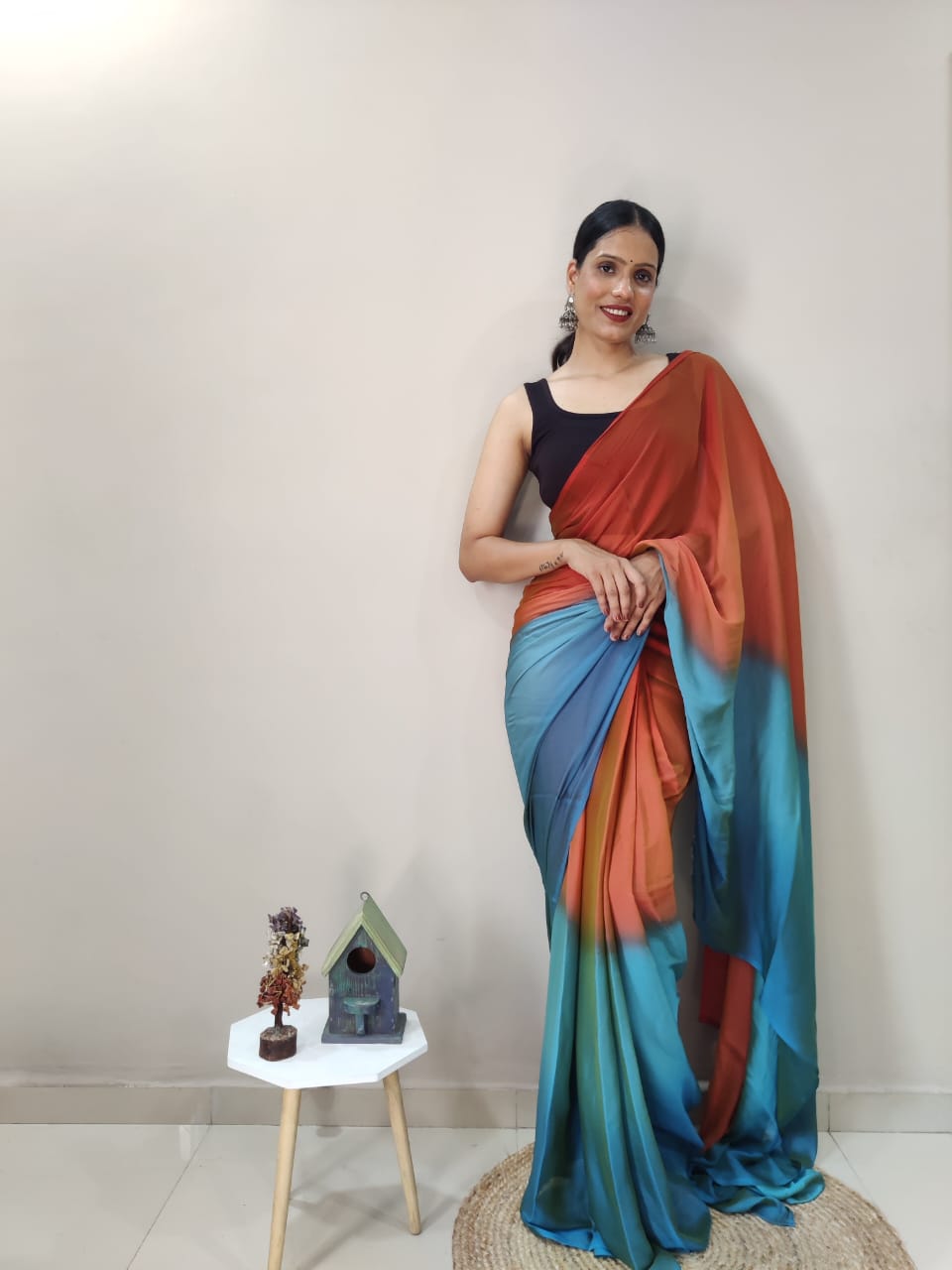 1-Min Ready To Wear Sky Imported Silk Saree With Blouse