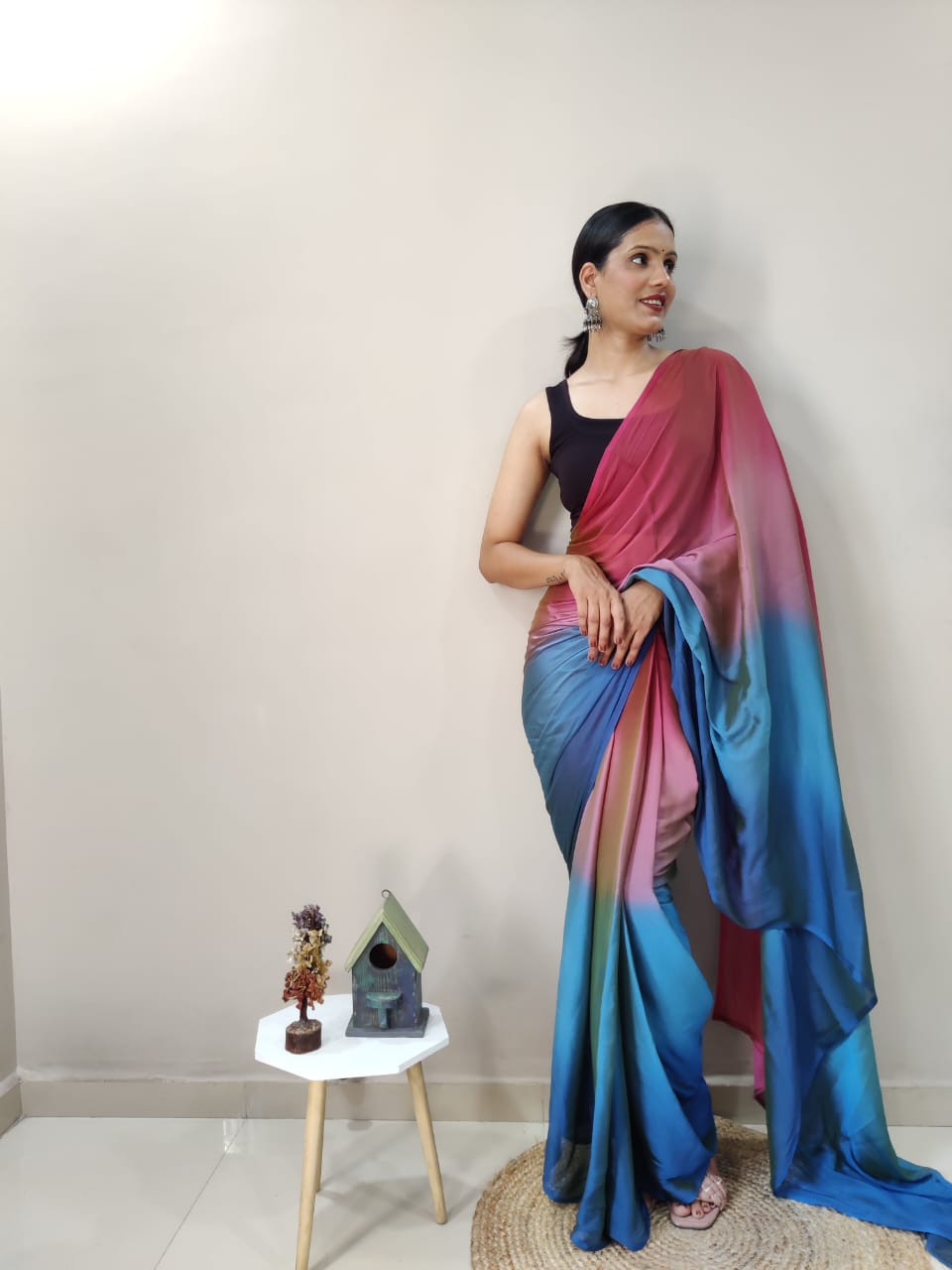 1-Min Ready To Wear Peacock Imported Silk Saree With Blouse