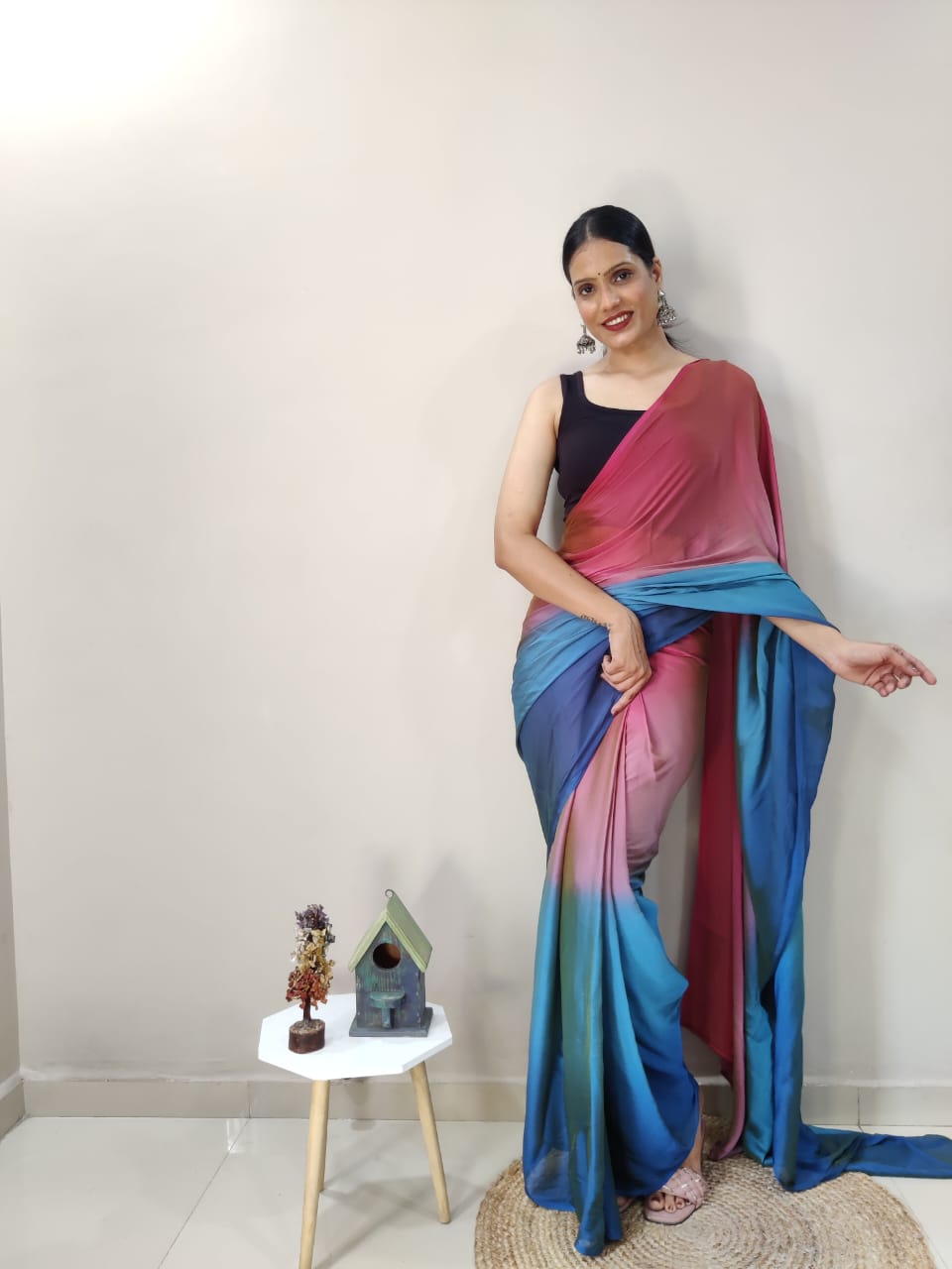 1-Min Ready To Wear Peacock Imported Silk Saree With Blouse