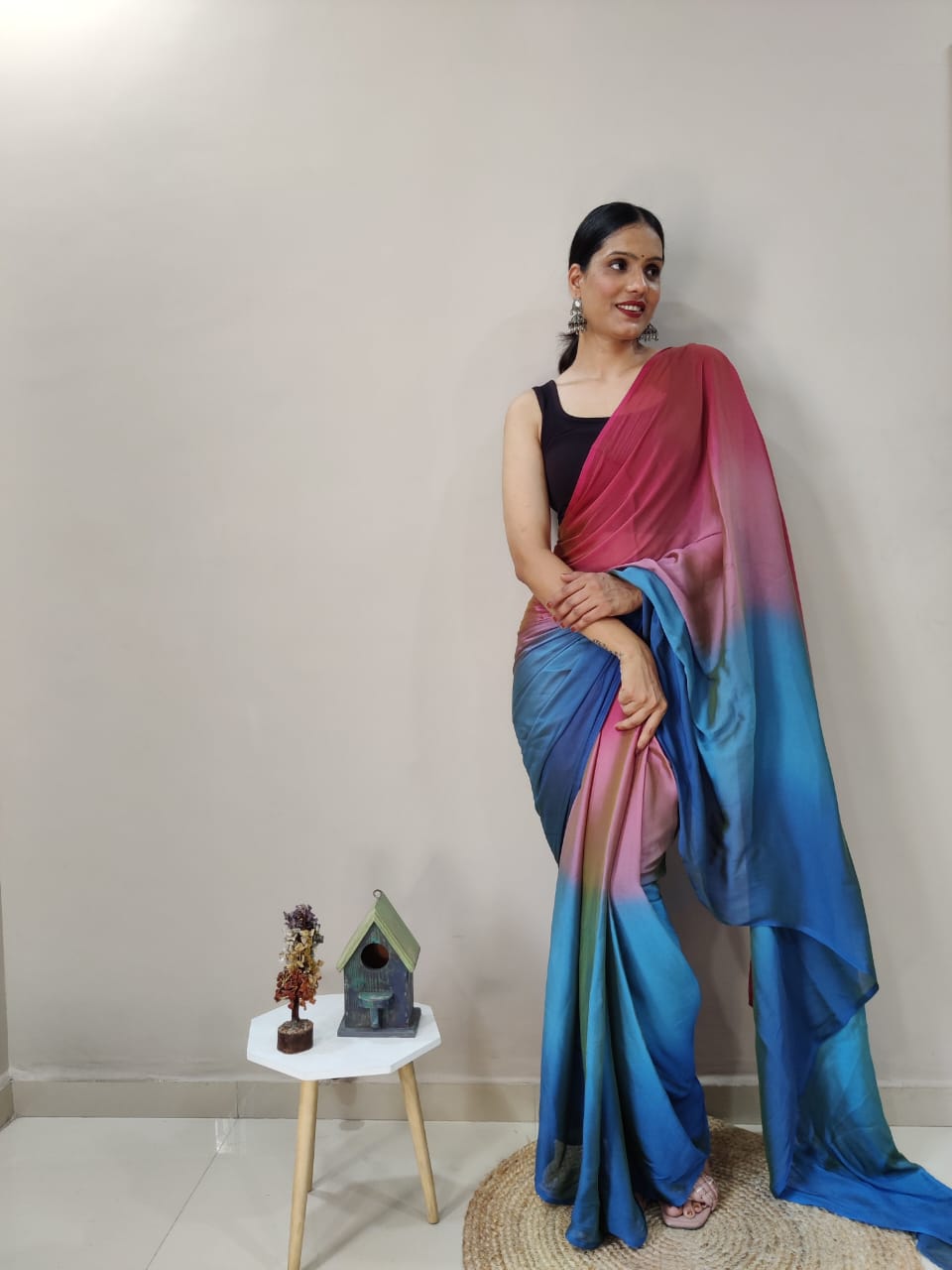 1-Min Ready To Wear Peacock Imported Silk Saree With Blouse